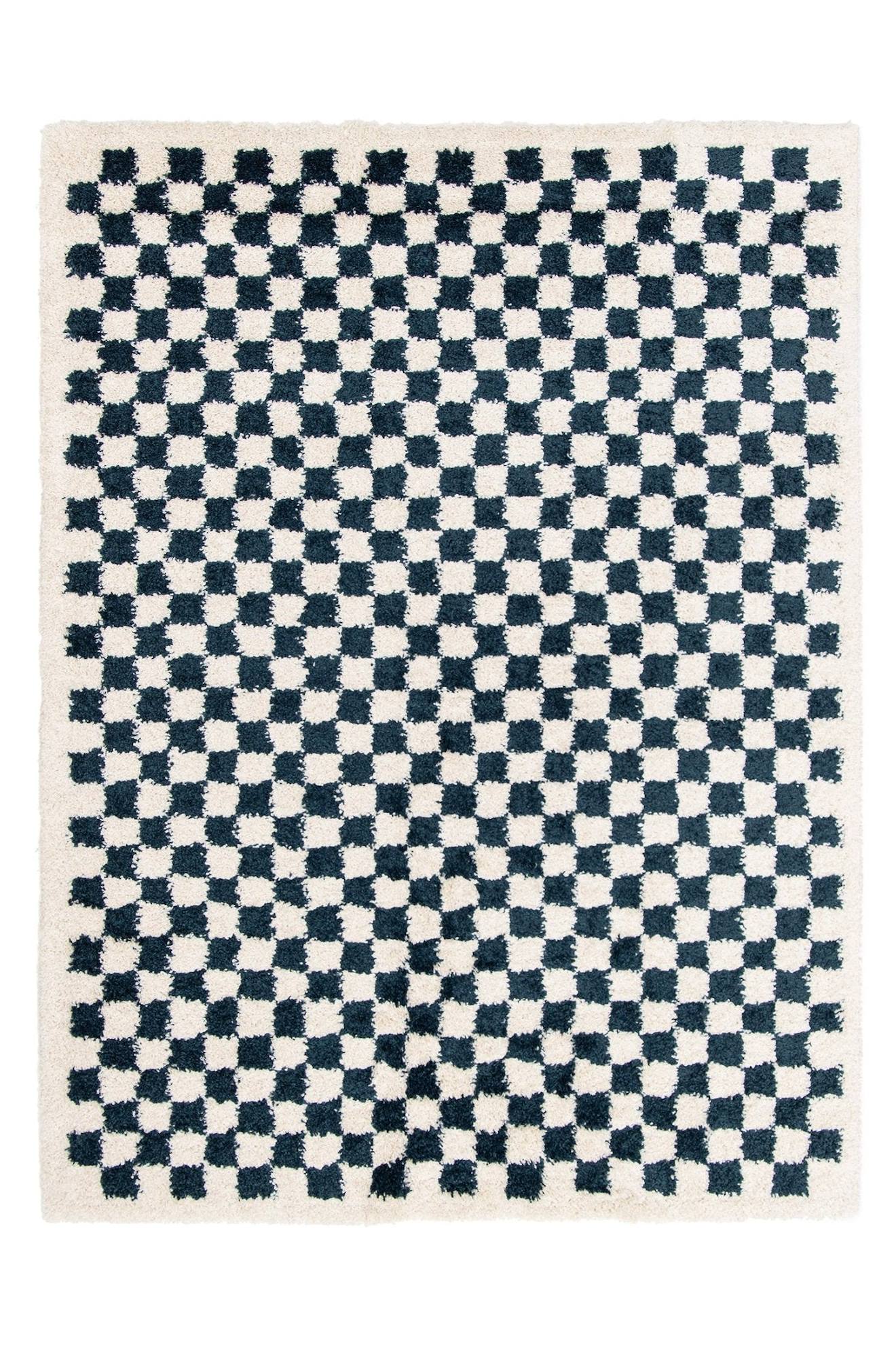 Tapis Damier Poils Longs Doux Et Volumineux Checkers Bleu
