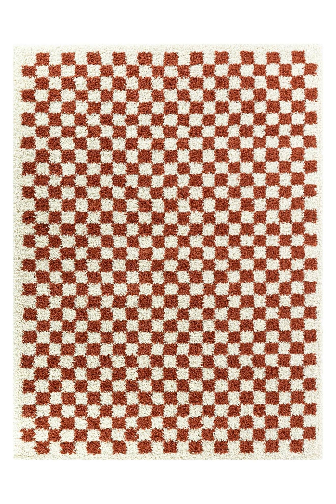 Tapis Damier Poils Longs Doux Et Volumineux Checkers Terracotta