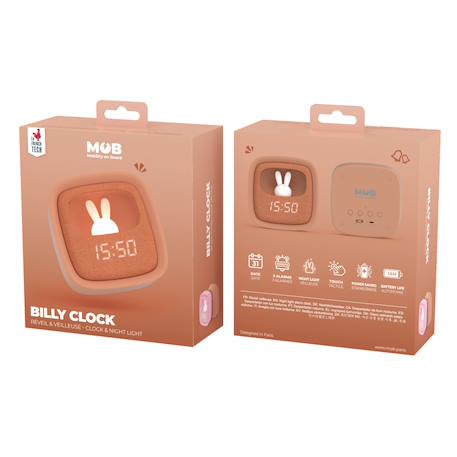 Réveil et veilleuse pour enfant Billy clock - Motif lapin, face avant tissu Blue Waves+Chocolat+Gris+Marshmallow+Navy+Rose+Turquoise 11 - vertbaudet enfant 