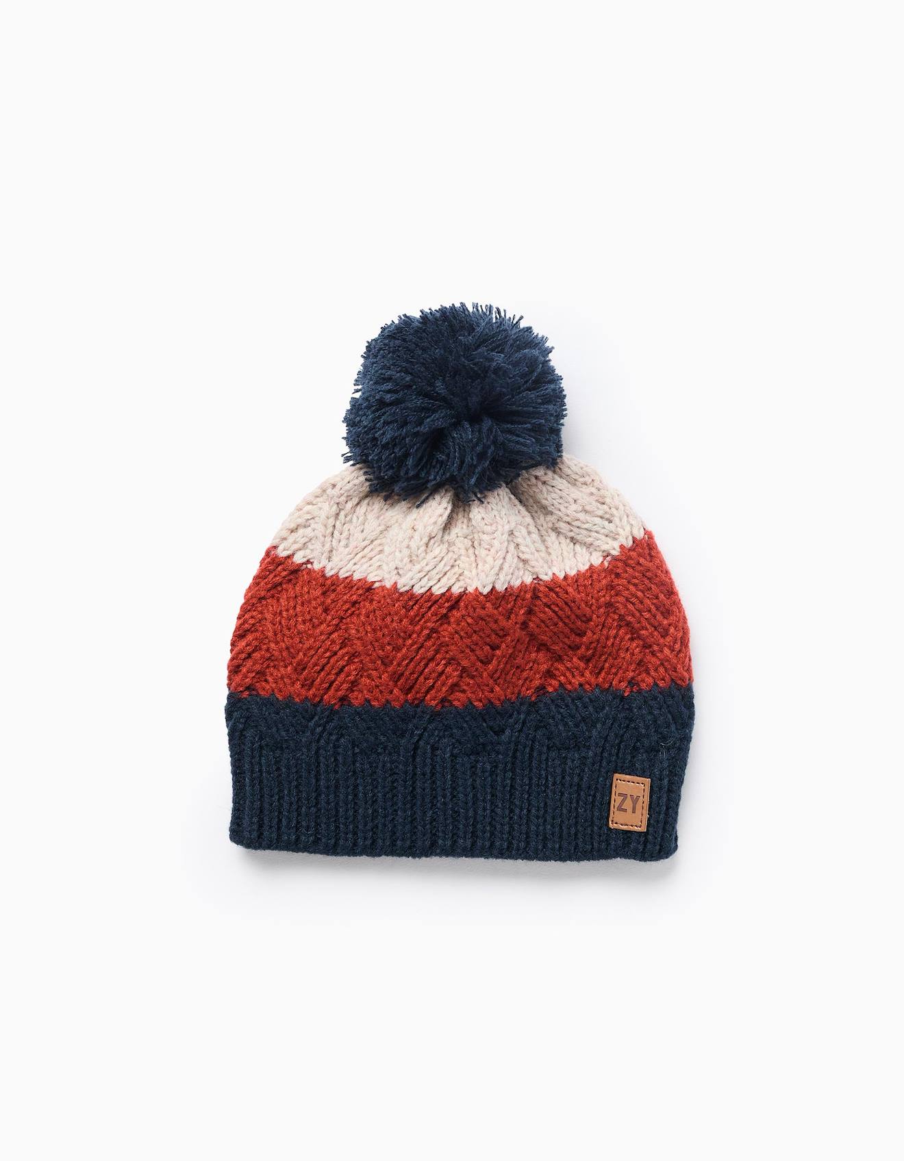 Bonnet Rayé Avec Pompon Bleu Beige Orange
