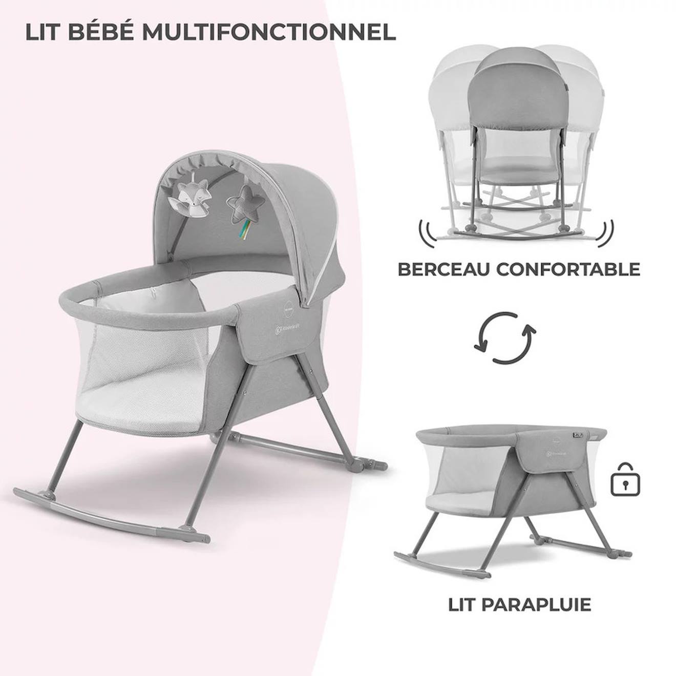 Berceau Pliant 3 En 1 Avec Fonction Lit De Camping Et Bascule Beige (Kinderkraft) - Image 2