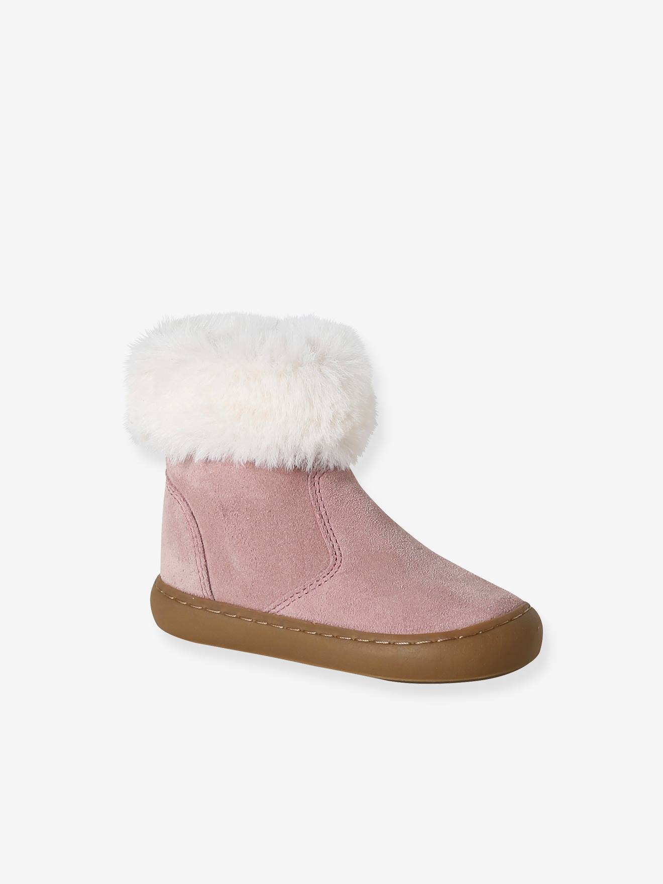 Boots bébé fille cuir fourrées et zippées vieux rose