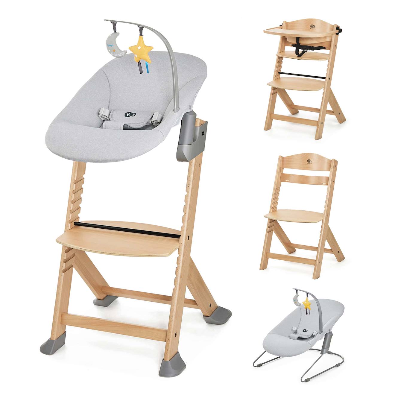 Chaise Haute Évolutive Enock + Calmee Avec Transat Bébé, Assise Réglable, Design Scandinave Et Bois De Hêtre Gris