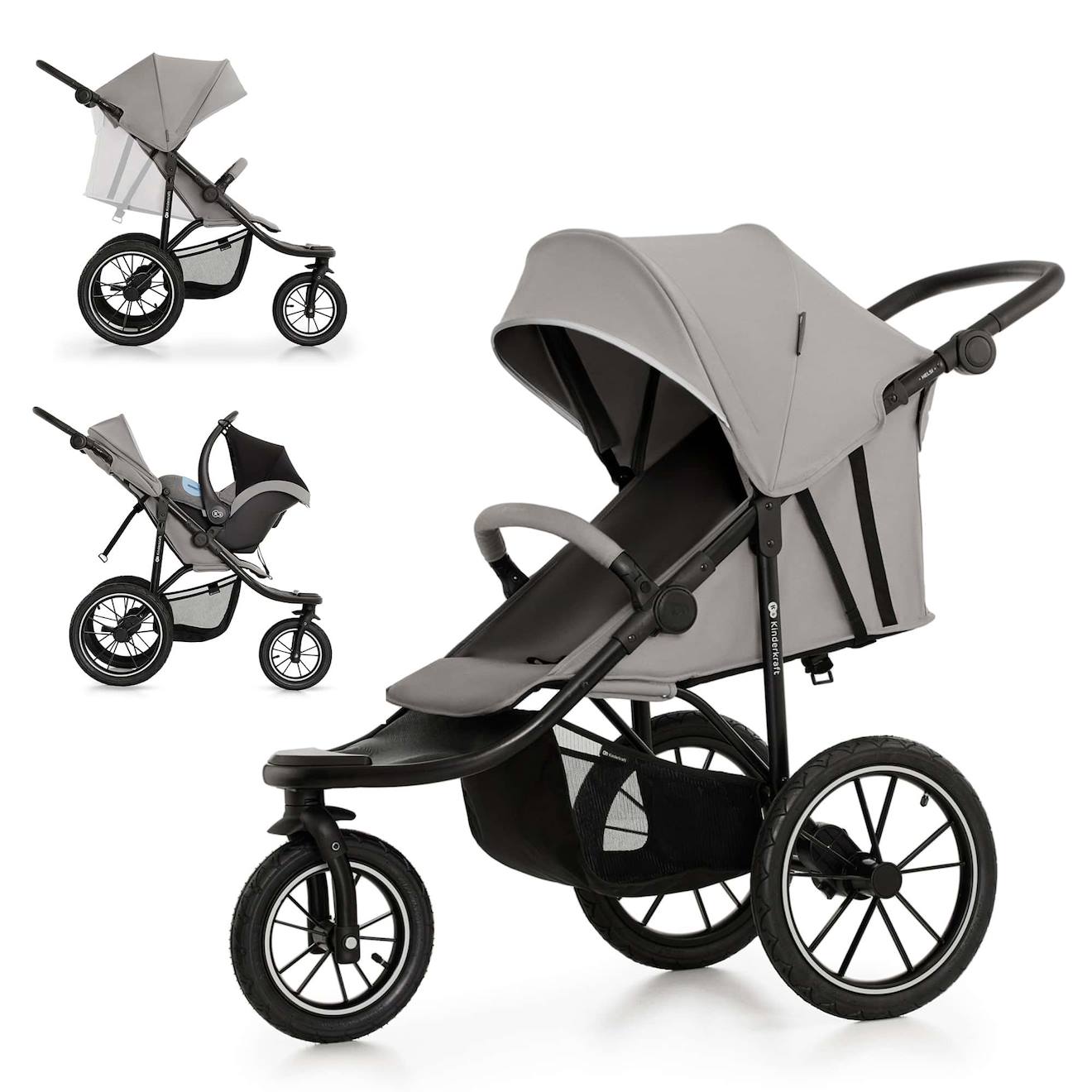 Poussette Tout-terrain Kinderkraft Helsi 2 Avec 3 Roues Gonflables Amorties, Dossier Allongé Et Poignée Réglable Gris