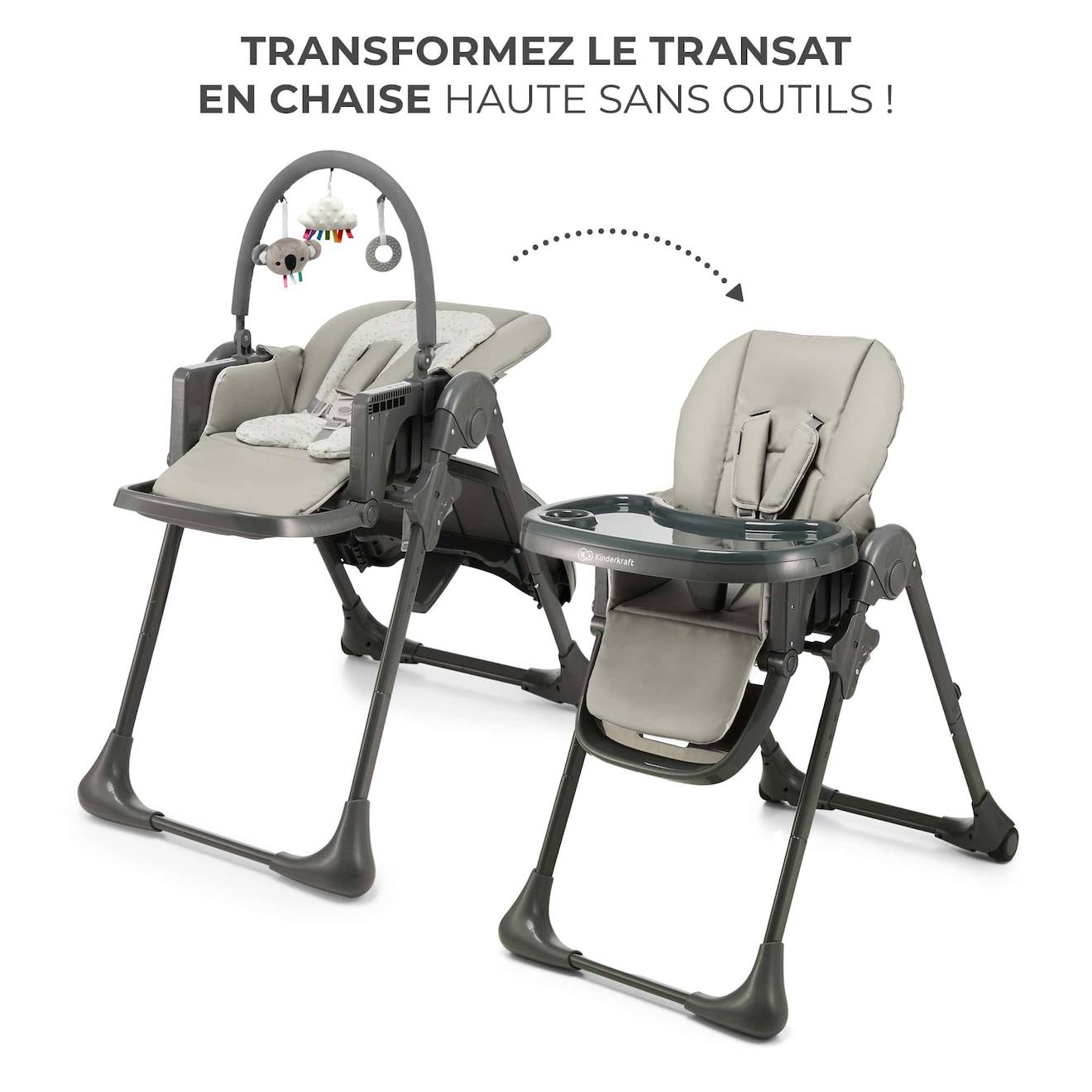 Chaise Haute 2 En 1, Ergonomique, Inclinable, Pliable Avec Hauteur Réglable Gris (Kinderkraft) - Image 2