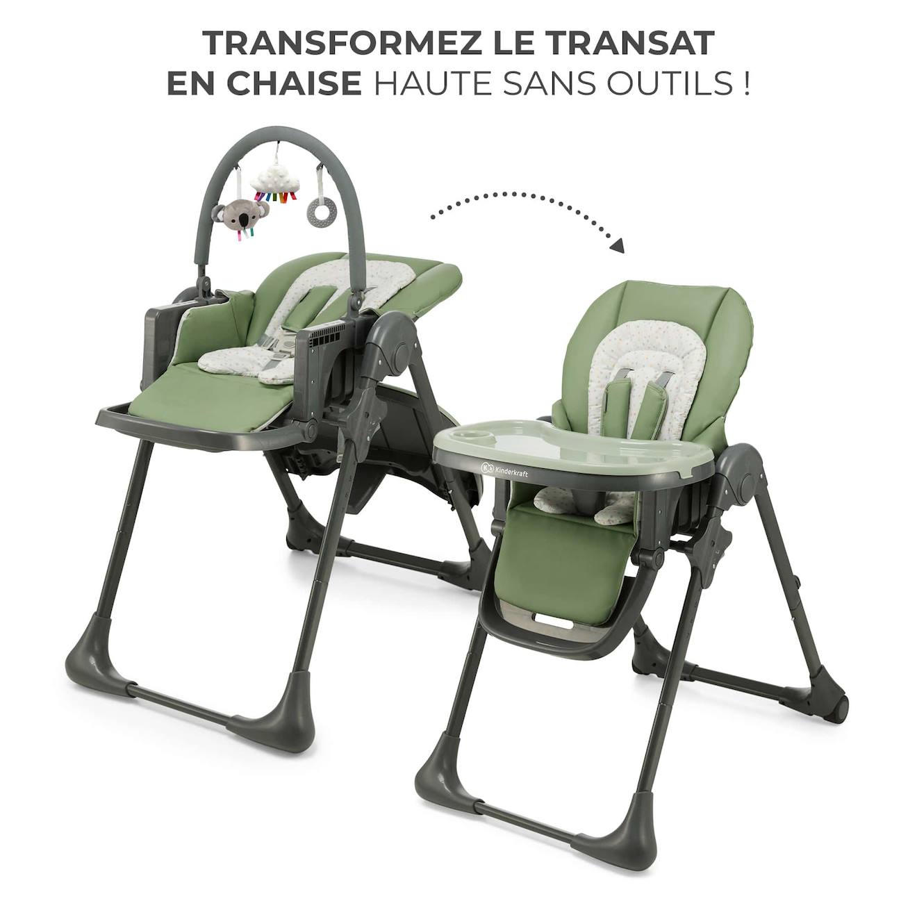 Chaise Haute 2 En 1, Ergonomique, Inclinable, Pliable Avec Hauteur Réglable Vert (Kinderkraft) - Image 2