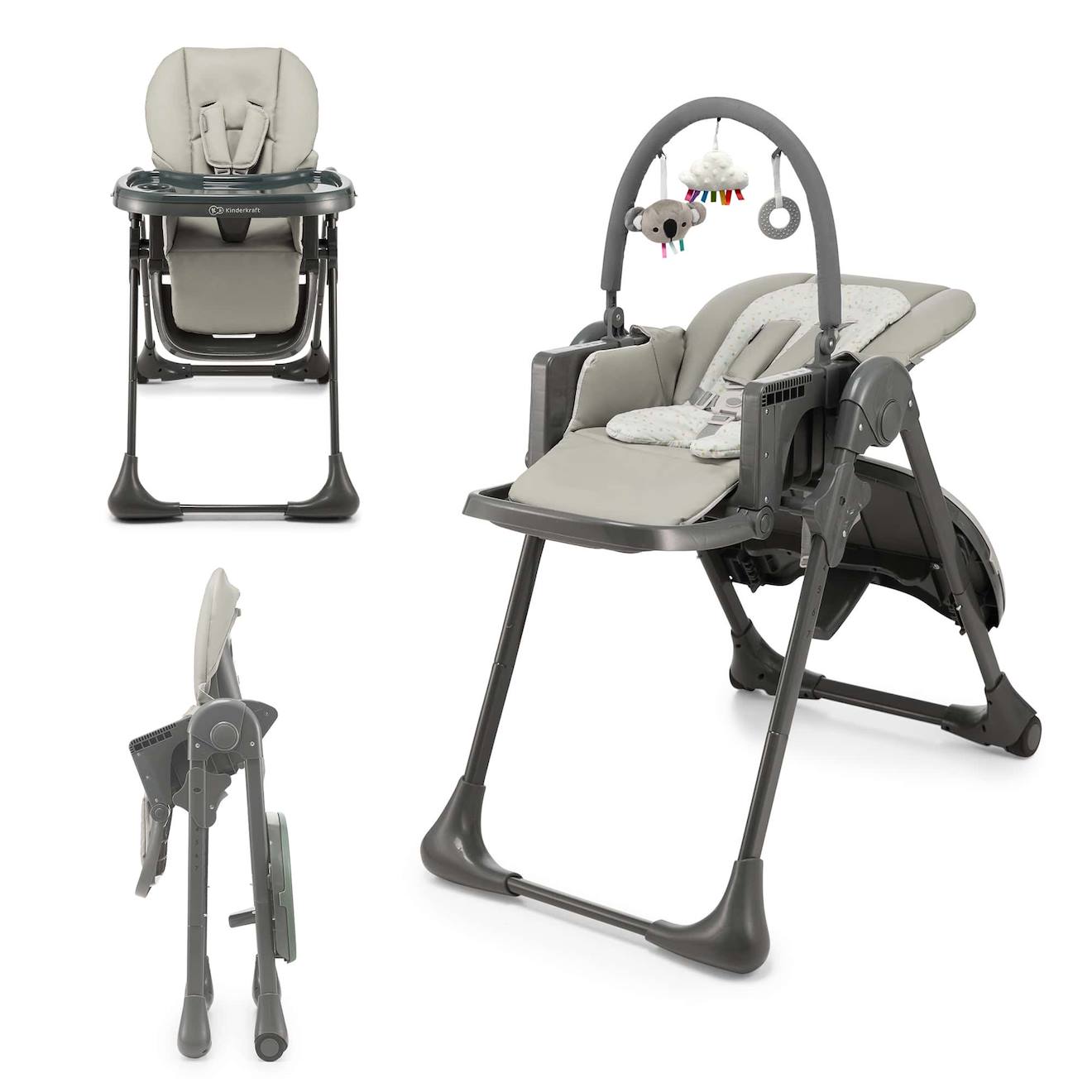 Chaise Haute Bébé Tummie 2 En 1 Avec Fonction Transat, Réglage 7 Hauteurs, Double Plateau Et Pliage Compact Gris