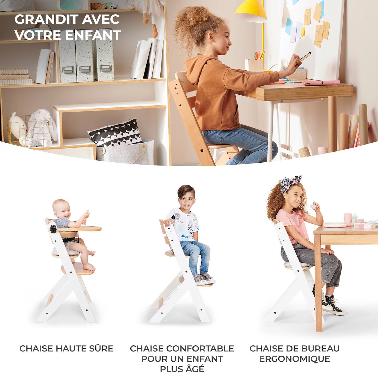 Chaise Haute Bois 3 En 1 Reglable Avec Harnais, Évolutive, Réglable Noir (Kinderkraft) - Image 1