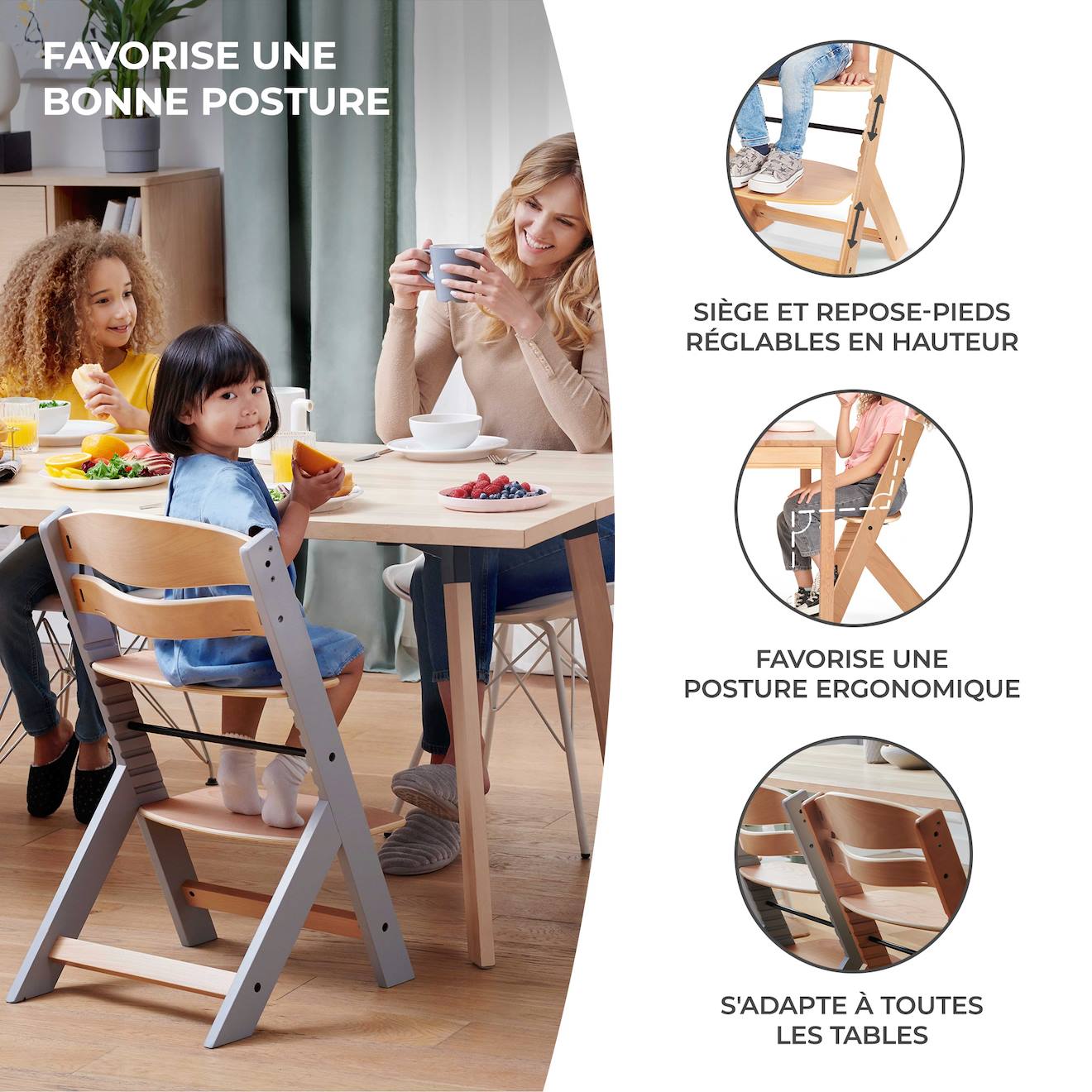 Chaise Haute Bois 3 En 1 Reglable Avec Harnais, Évolutive, Réglable Noir (Kinderkraft) - Image 2