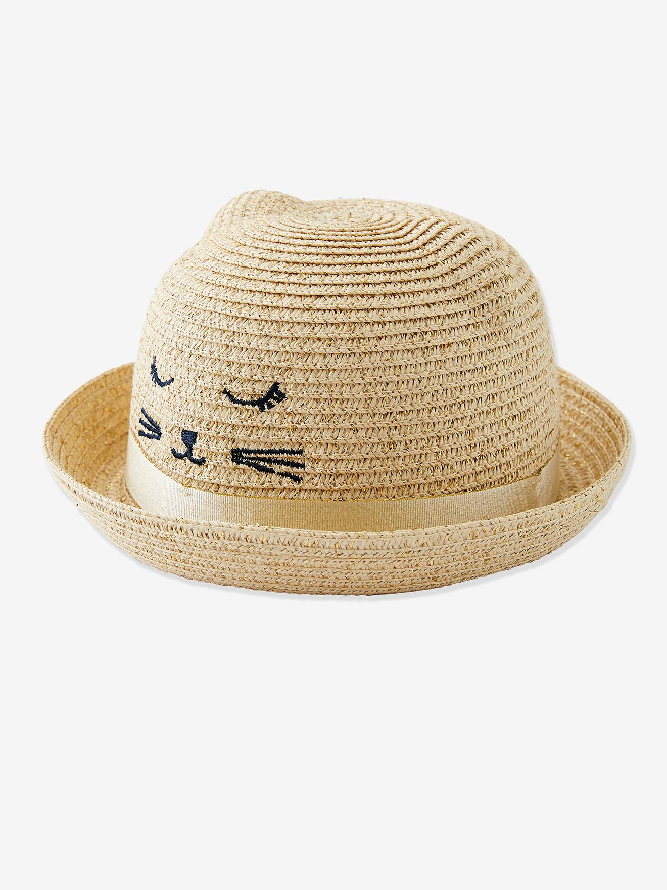 Chapeau de soleil fille irisé broderie chat et oreilles fantaisie naturel irisé