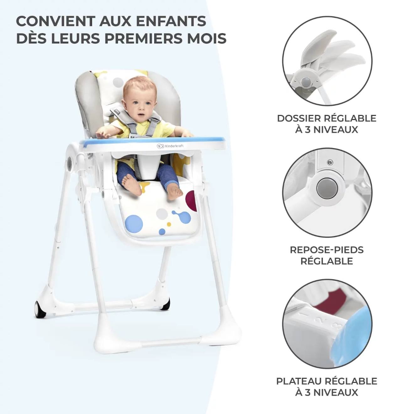 Chaise Haute De Luxe Yummi Bebe Enfant, Réglable, Plateau Amovible Gris (Kinderkraft) - Image 2