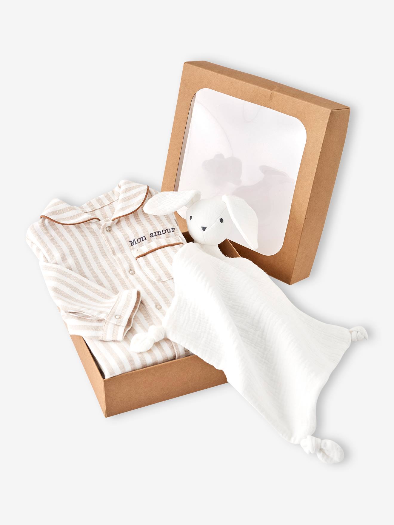 Pyjama bébé en flanelle + doudou coffret cadeau naissance beige