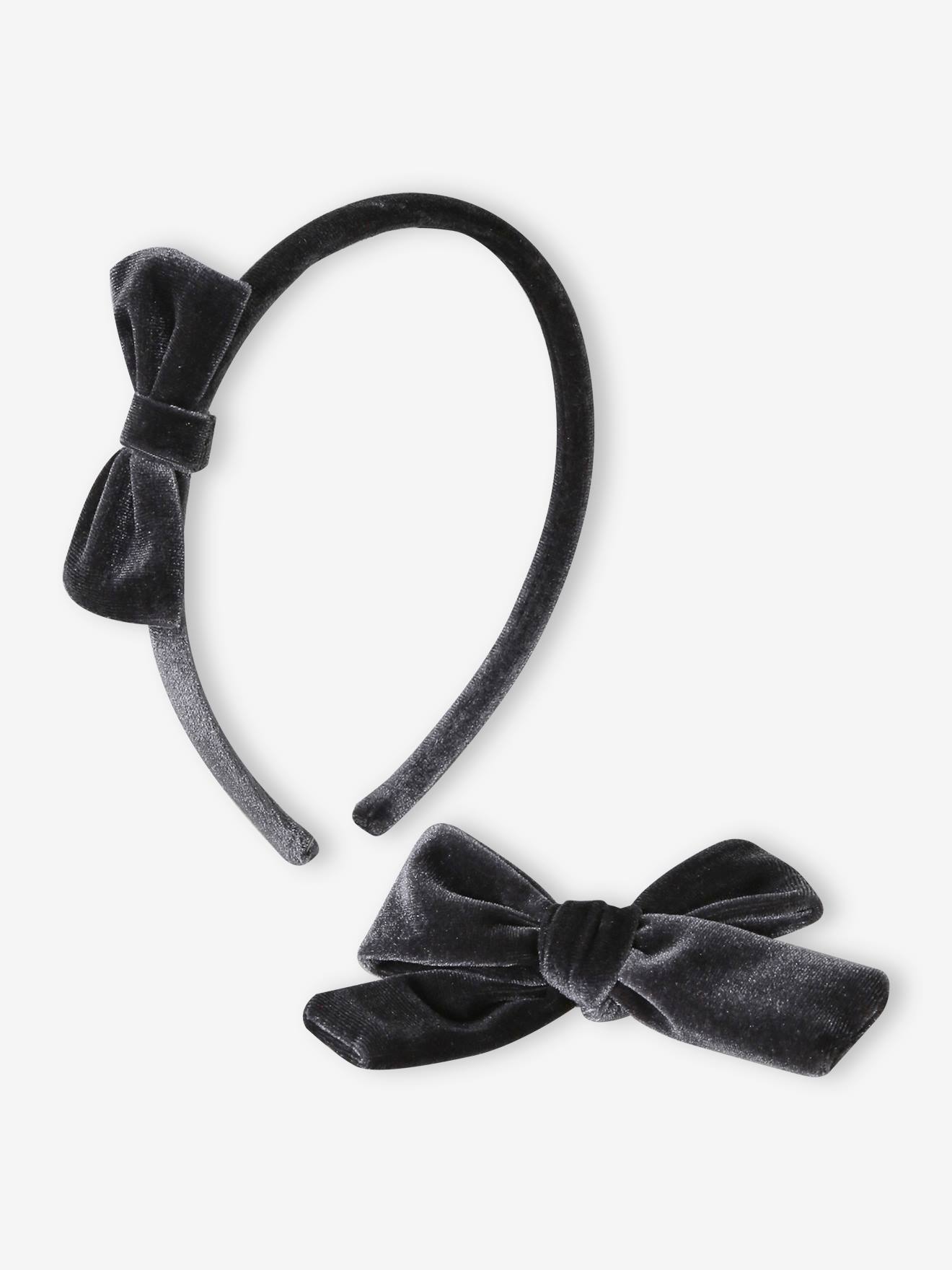 Ensemble serre-tête et barrette fille en velours anthracite