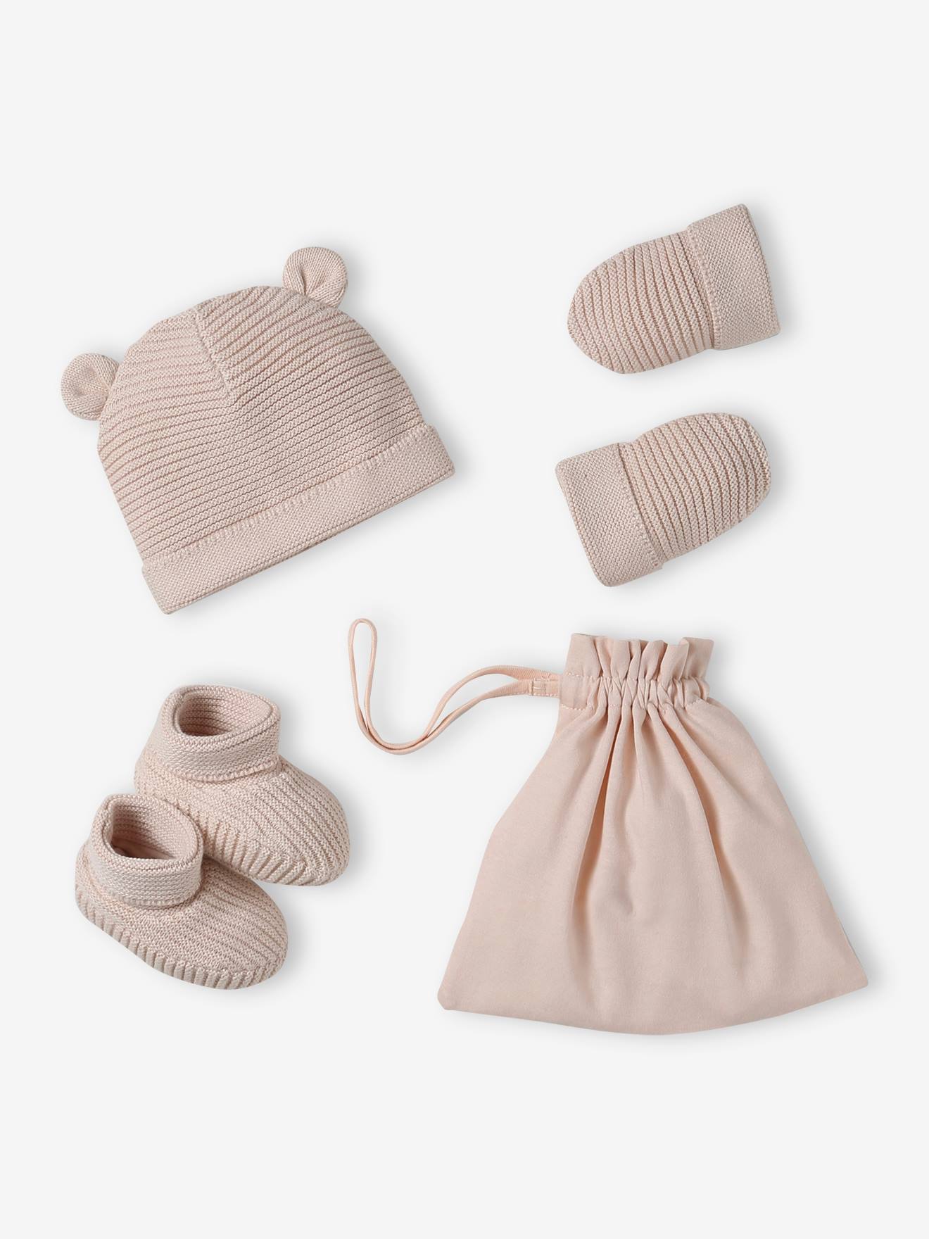 Kit naissance bonnet, moufles et chaussons et son pochon personnalisable rose