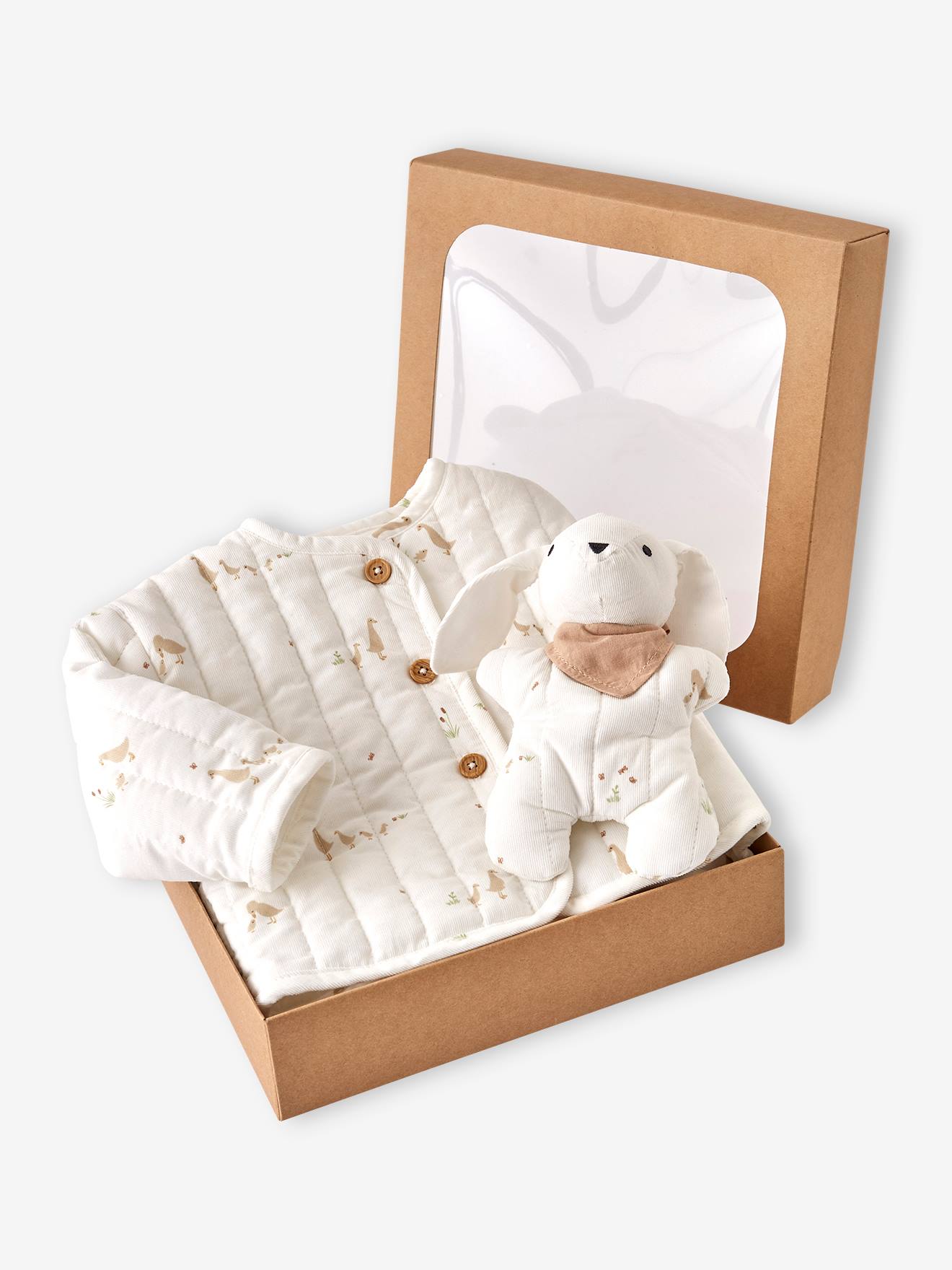 Veste bébé matelassée en velours + doudou coffret cadeau naissance écru