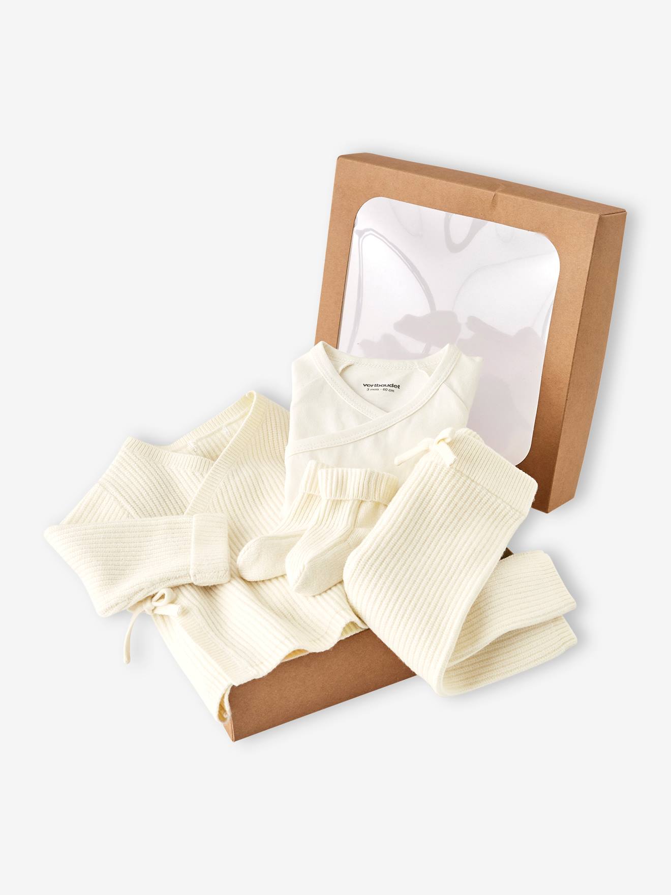 Ensemble bébé 4 pièces en tricot gilet + pantalon + chaussons + body coffret cadeau naissance écru (Vertbaudet) - Image 1