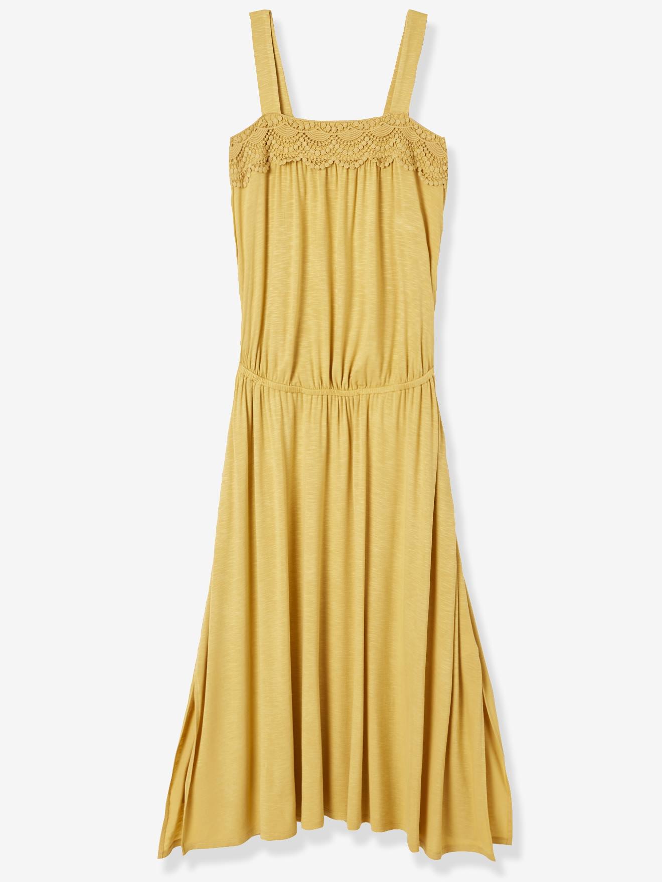 Robe longue de maternité col macramé jaune safran