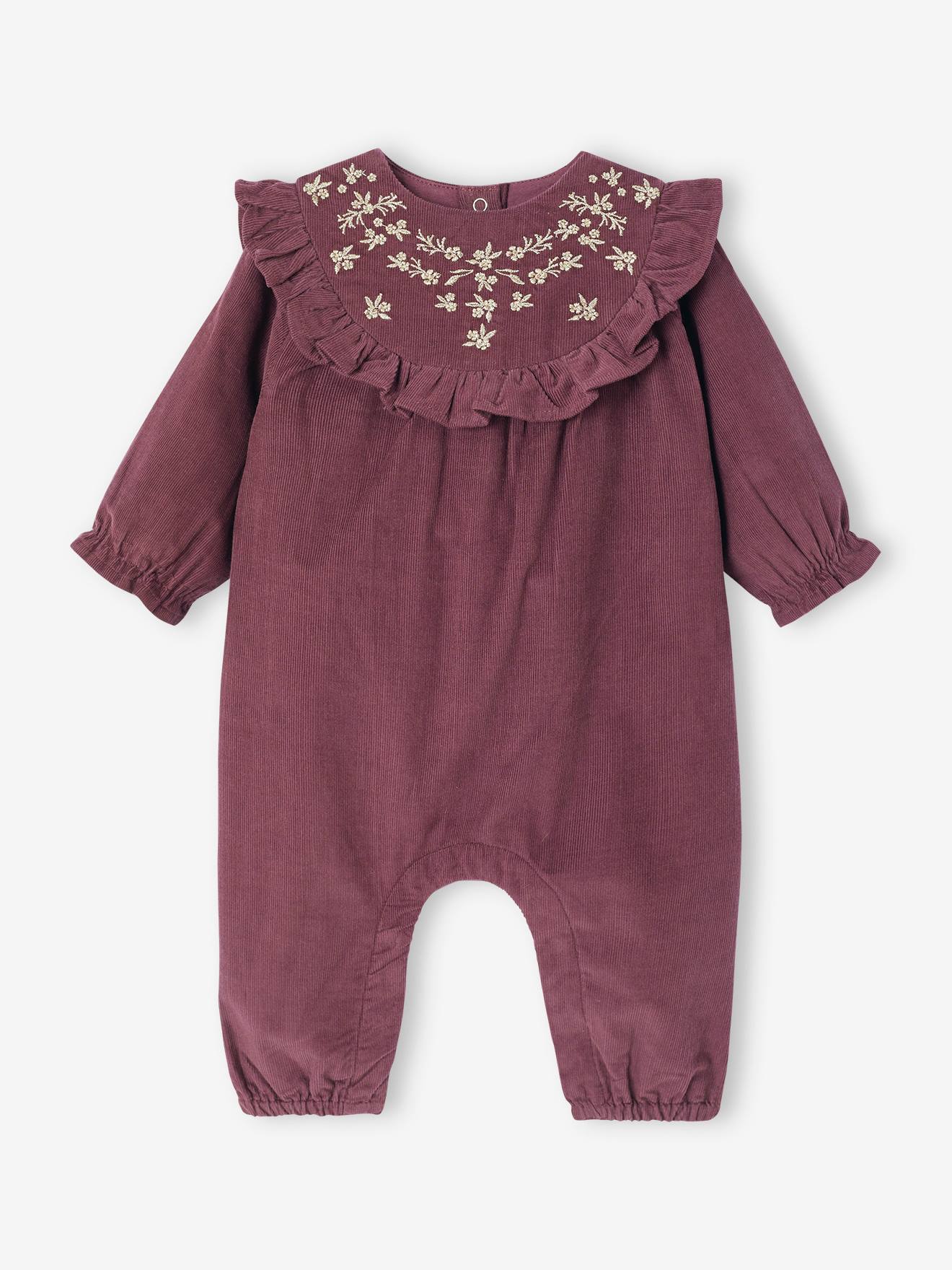 Combinaison bébé en velours avec col brodé et volanté aubergine
