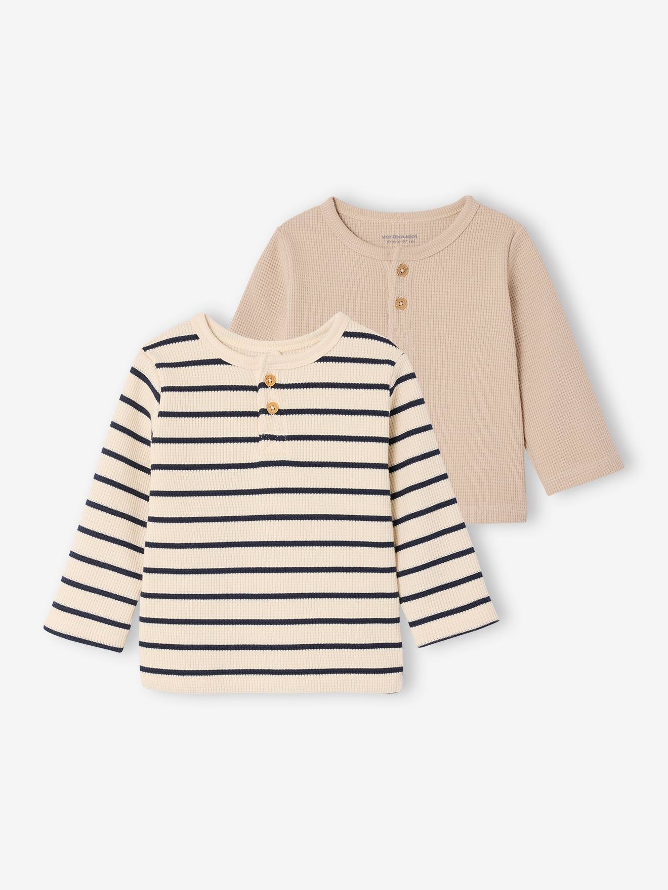 Lot de 2 T-shirts bébé manches longues nid d'abeille rayé marine