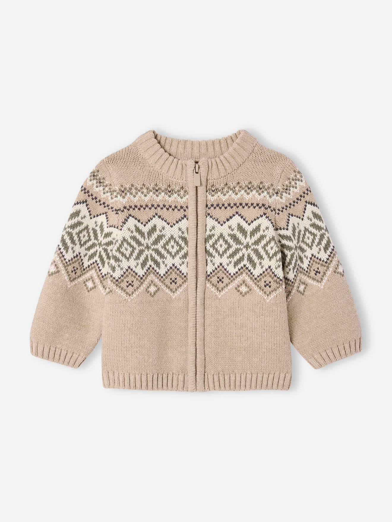 Gilet zippé bébé en maille jacquard beige chiné