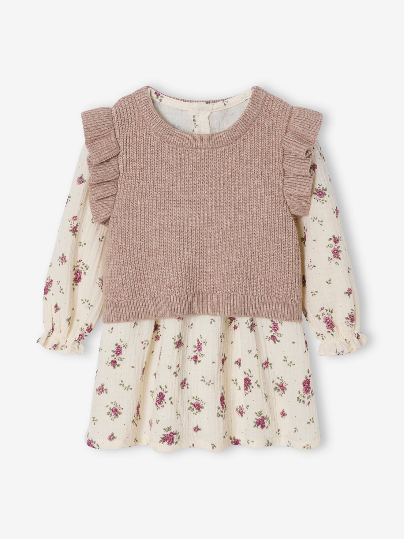 Ensemble 2 pièces bébé robe imprimée et pull sans manches écru