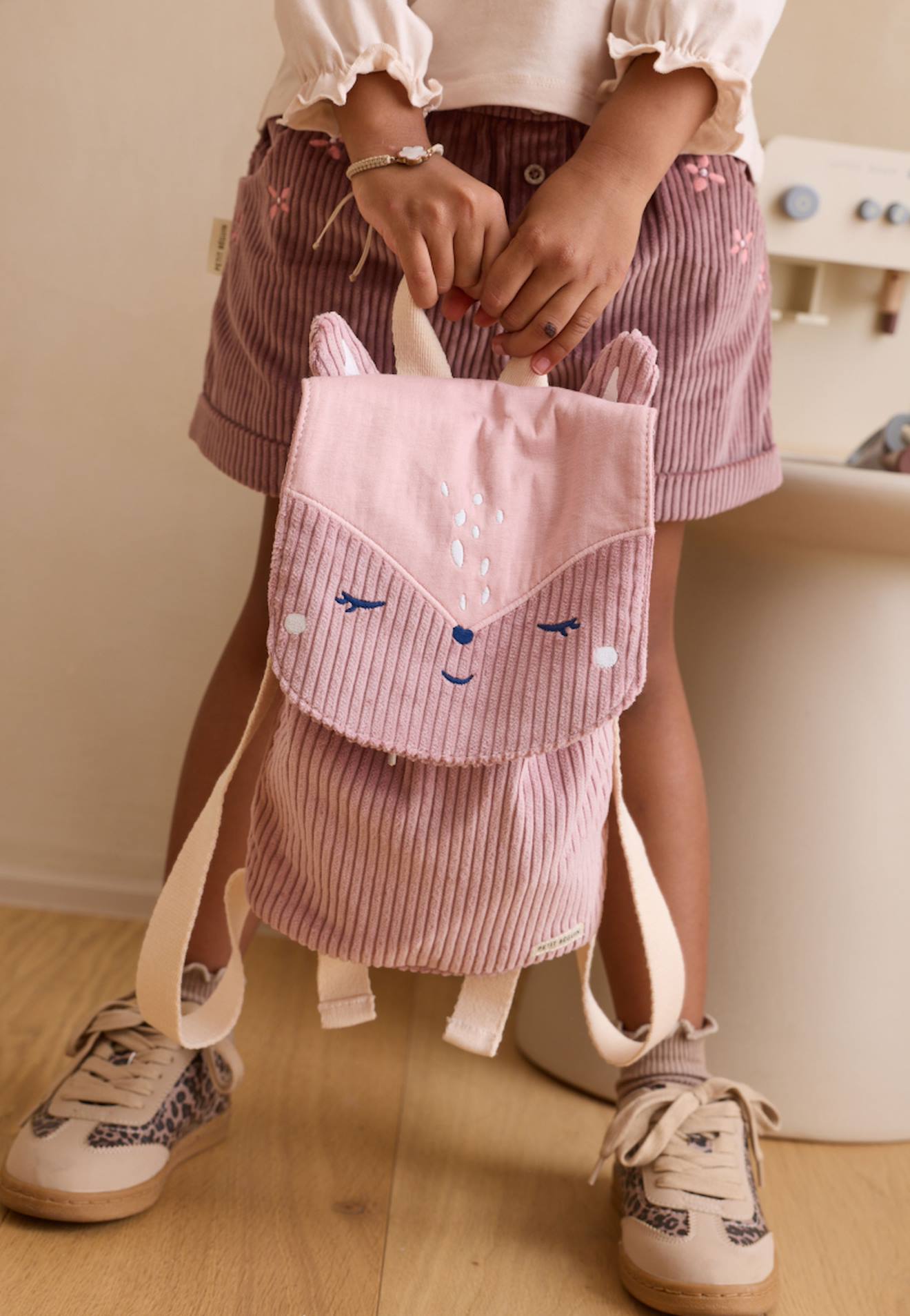 Sac à dos enfant en velours côtelé mona rose