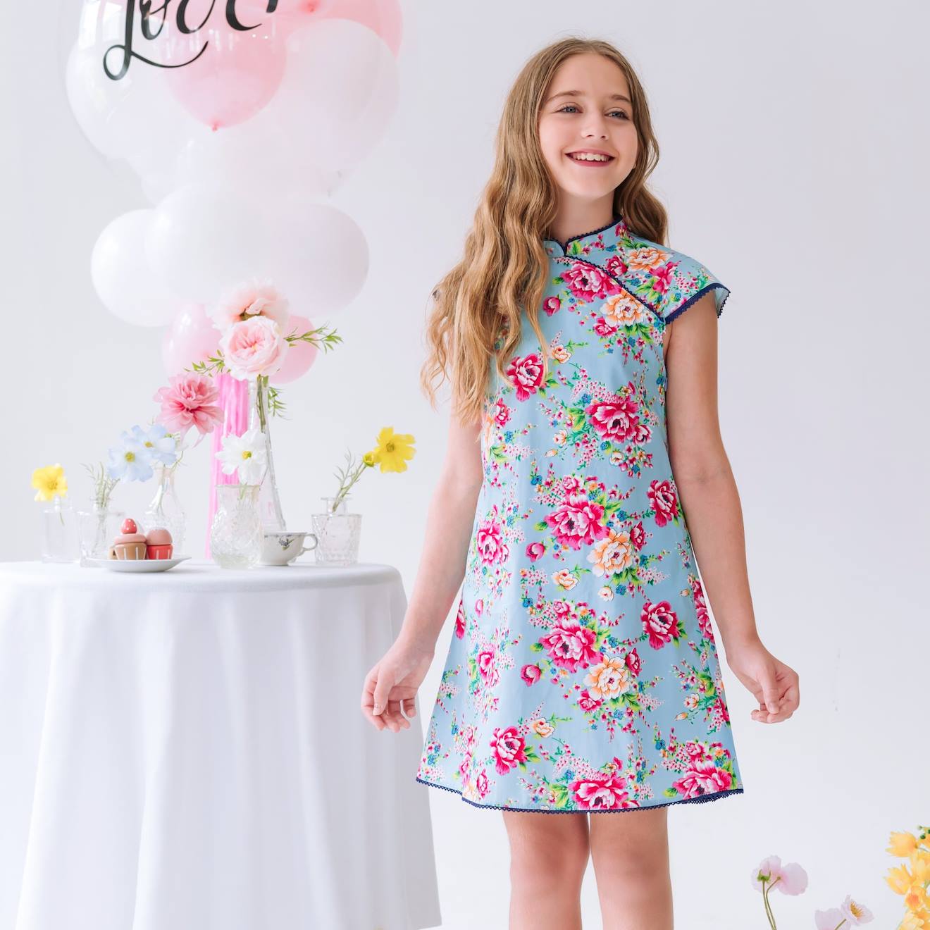 Robe Chinoise Fleurie Col Mao Annam Bleu Turquoise Fuchsia