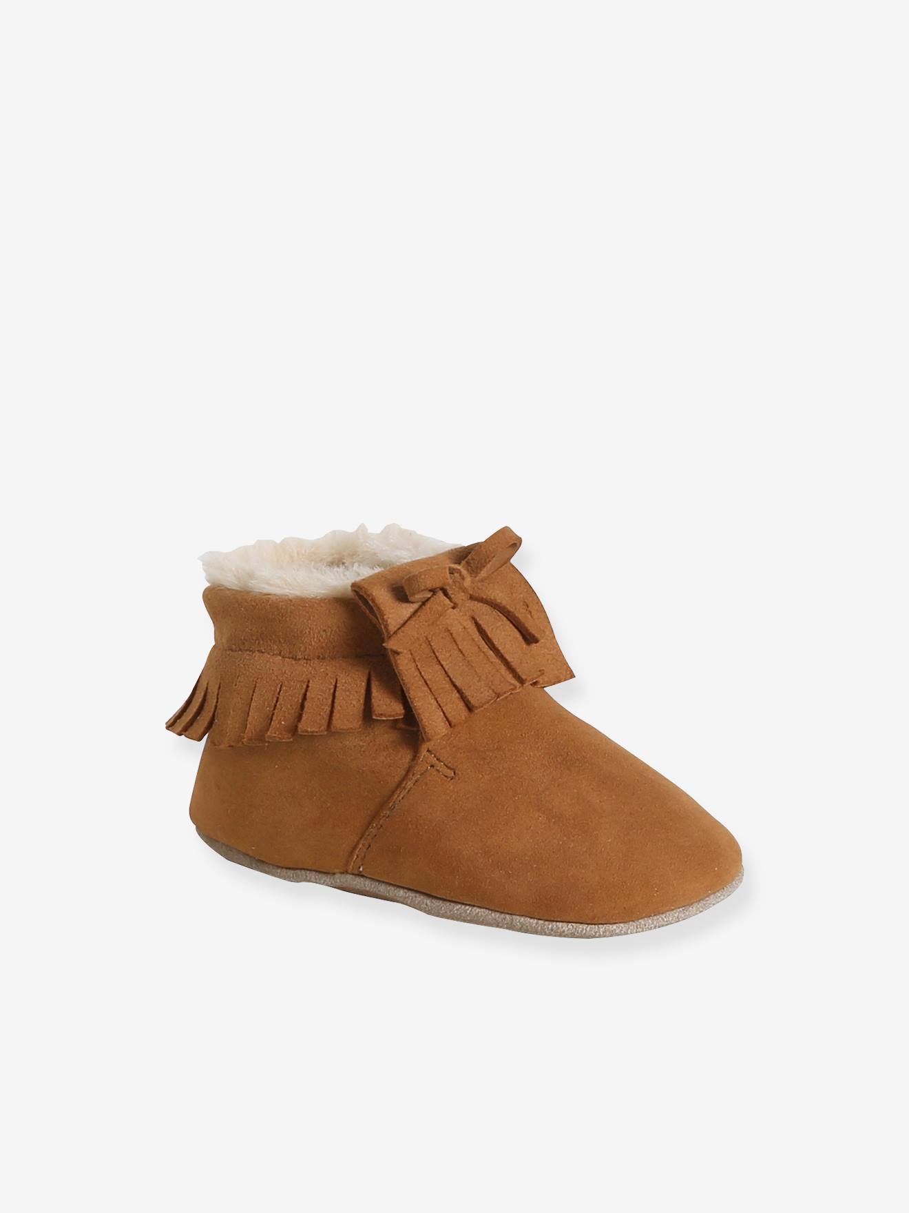 Chaussons élastiqués fourrés en cuir souple bébé lot marron
