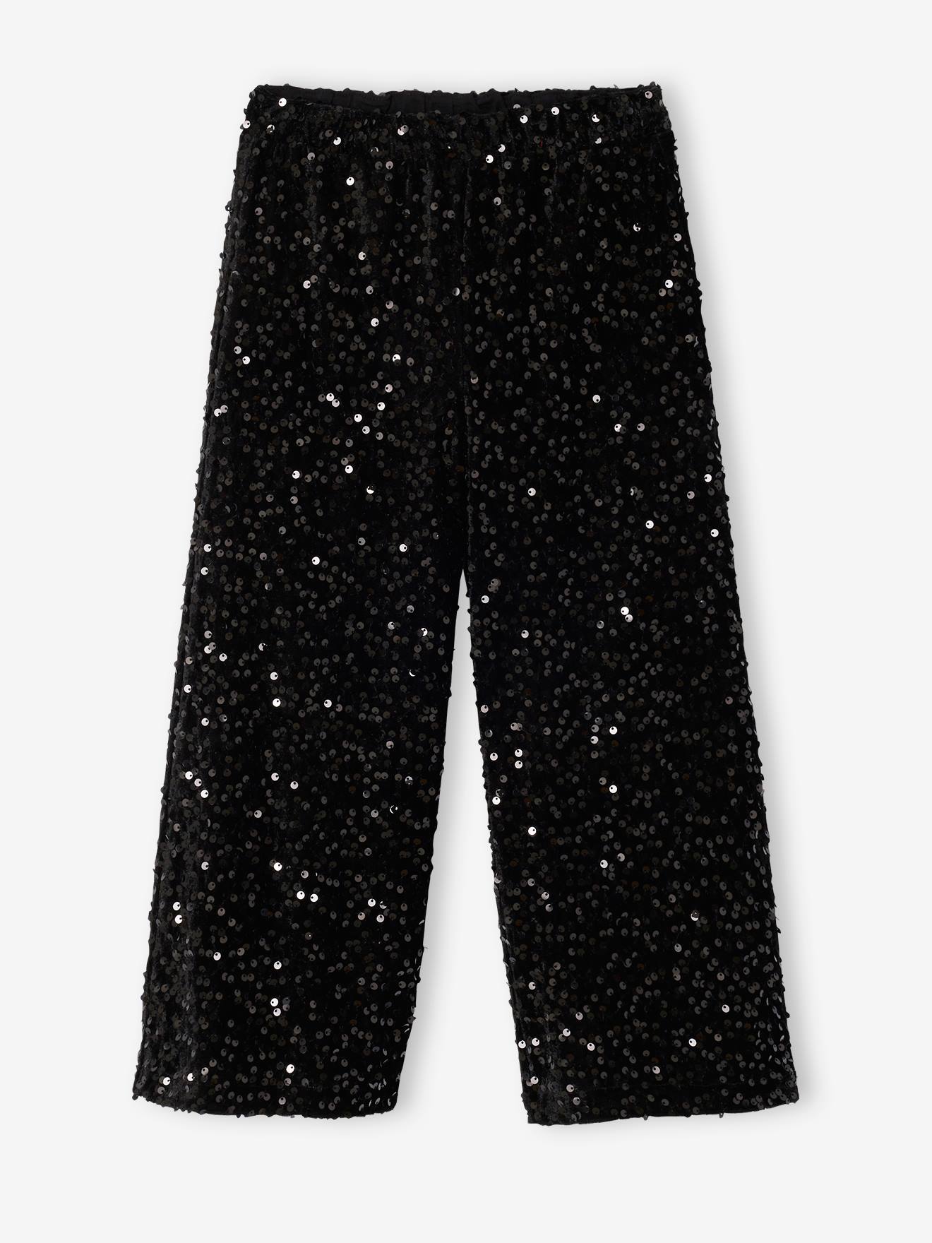 Pantalon fille noël large à sequins noir