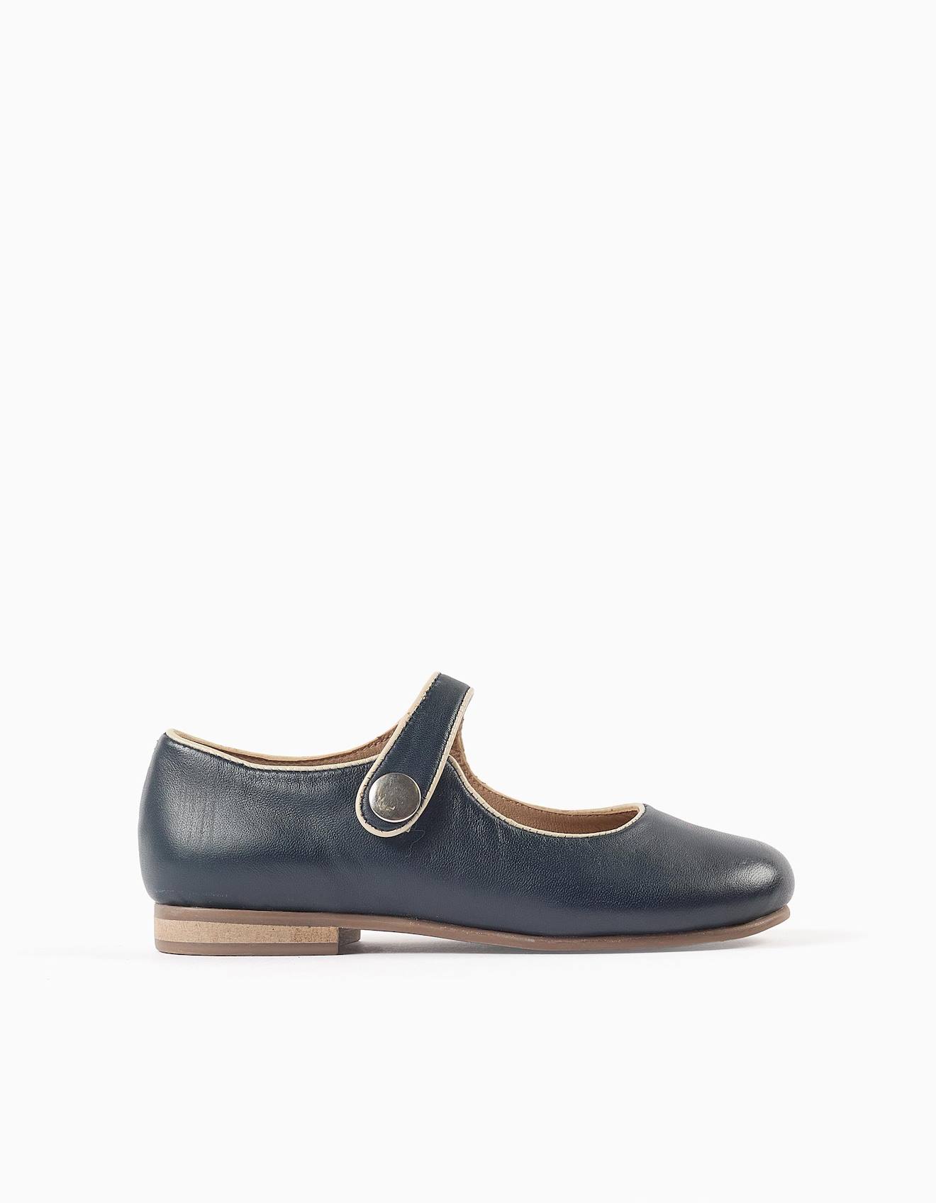 Ballerines T-bar En Cuir Bleu Foncé