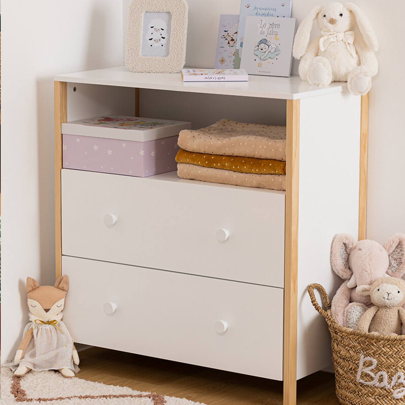 Commode En Bois 2 Tiroirs 1 Étagère - Kima Blanc