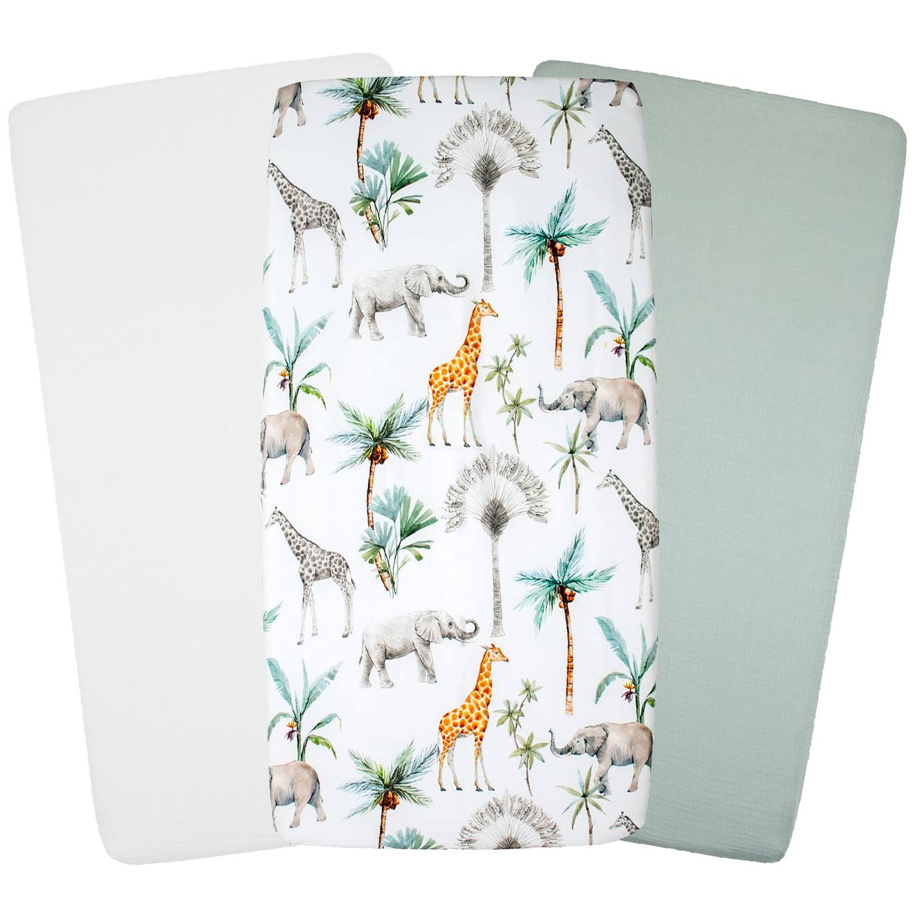 Lot De 3 Draps Housse Berceau En Coton Safari Safari, Vert, Gris, Blanc
