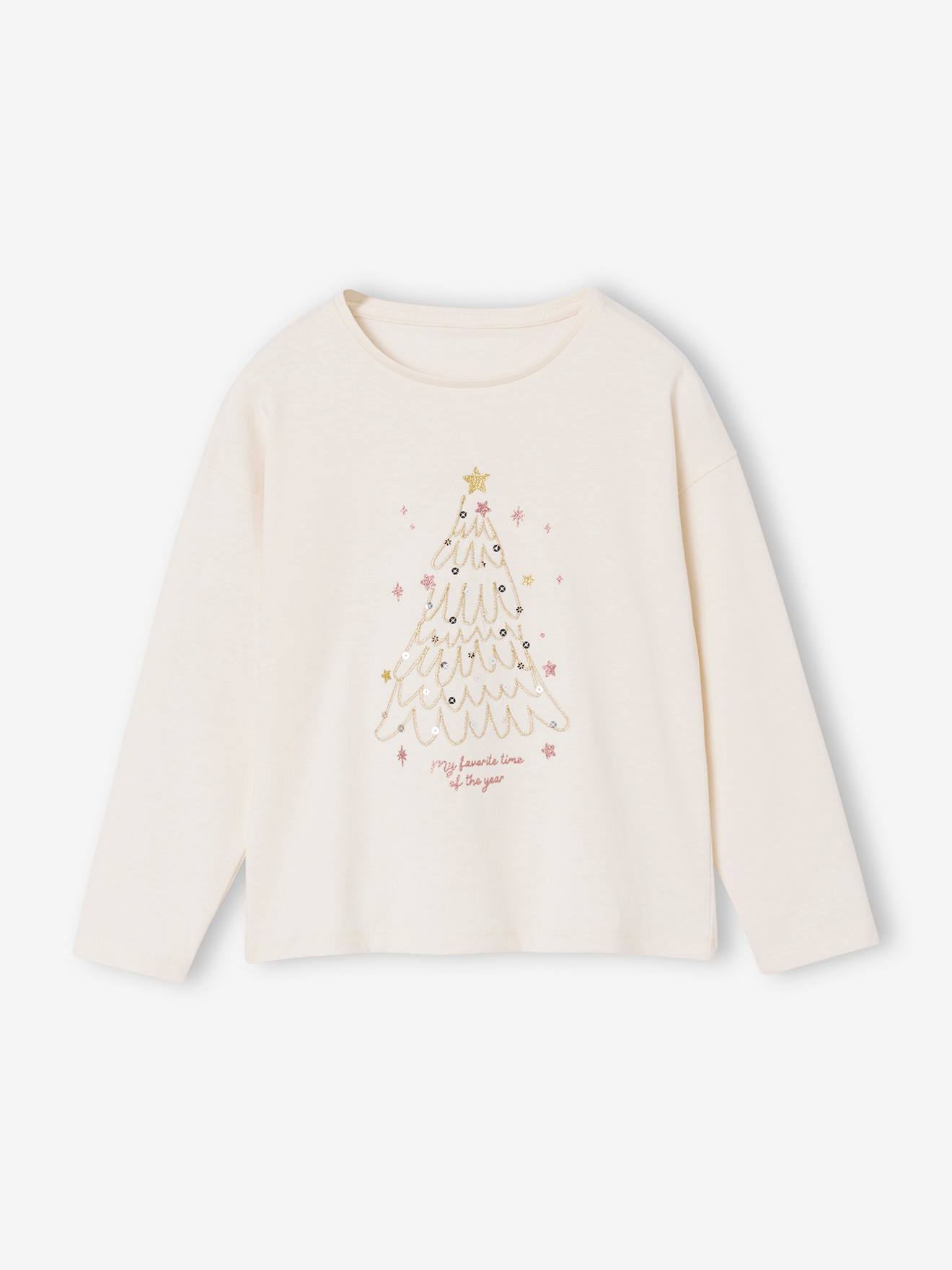 Tee-shirt fille noël motif sapin brillant manches longues écru