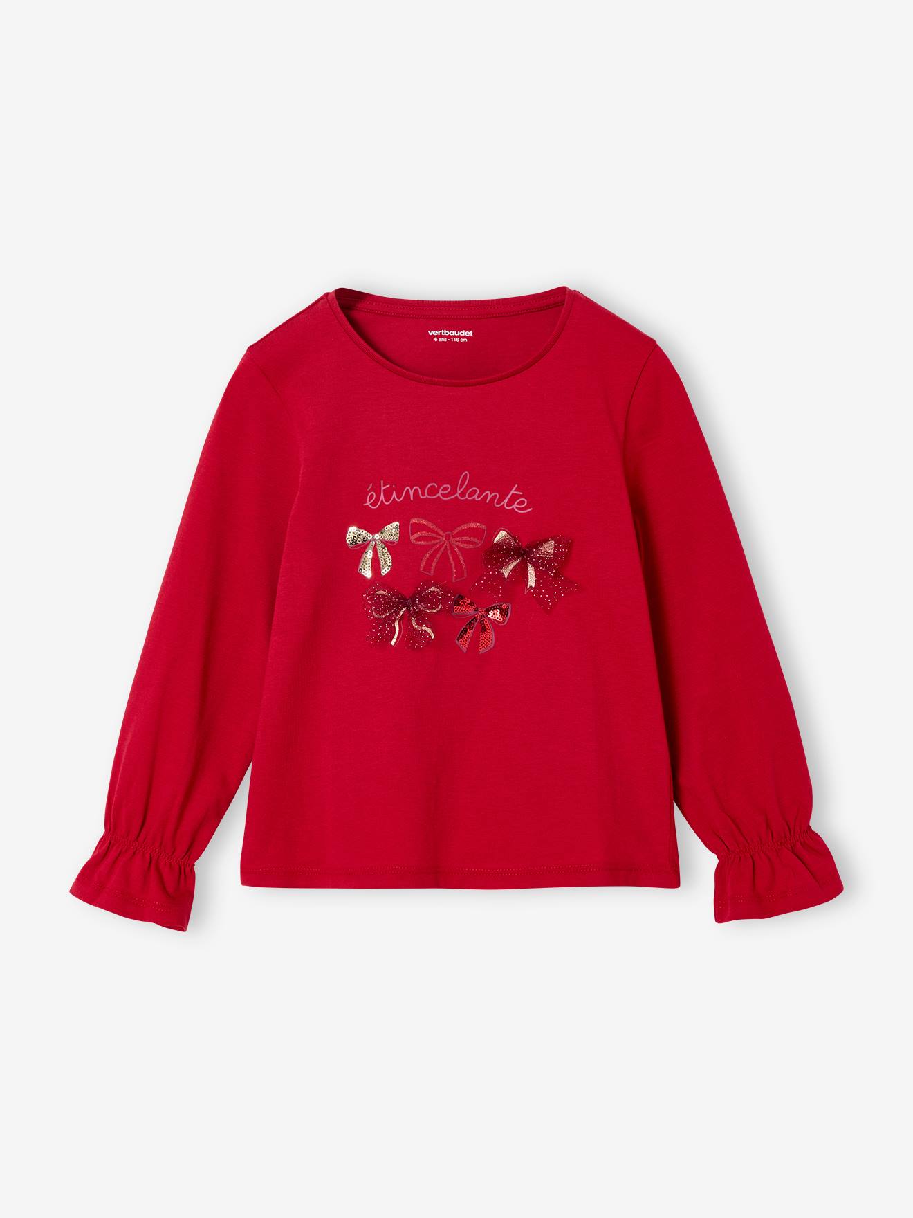 Tee-shirt fille noël noeud et détails glitter manches longues rouge