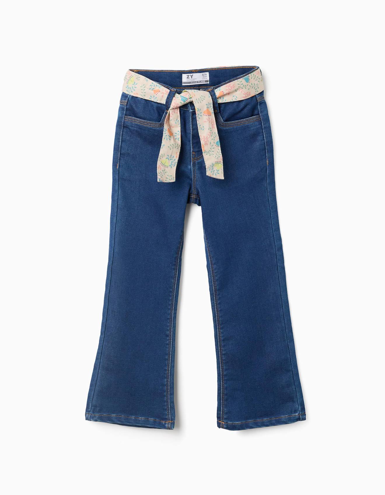 Pantalon En Jean Flare Avec Ceinture Fleurie Bleu