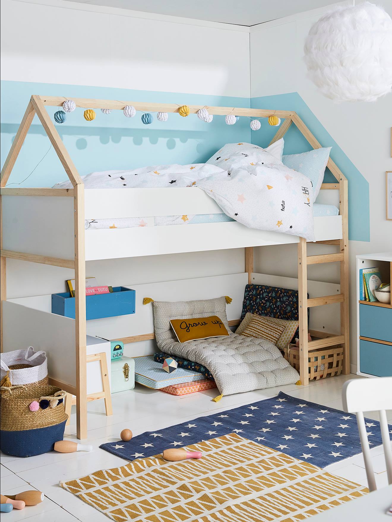 Lit Cabane mi-hauteur blanc/bois