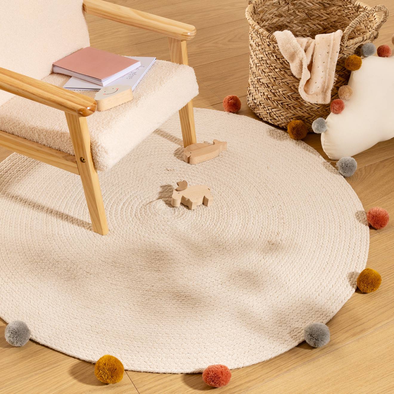 Tapis Rond Avec Pompons - Arlequin Beige