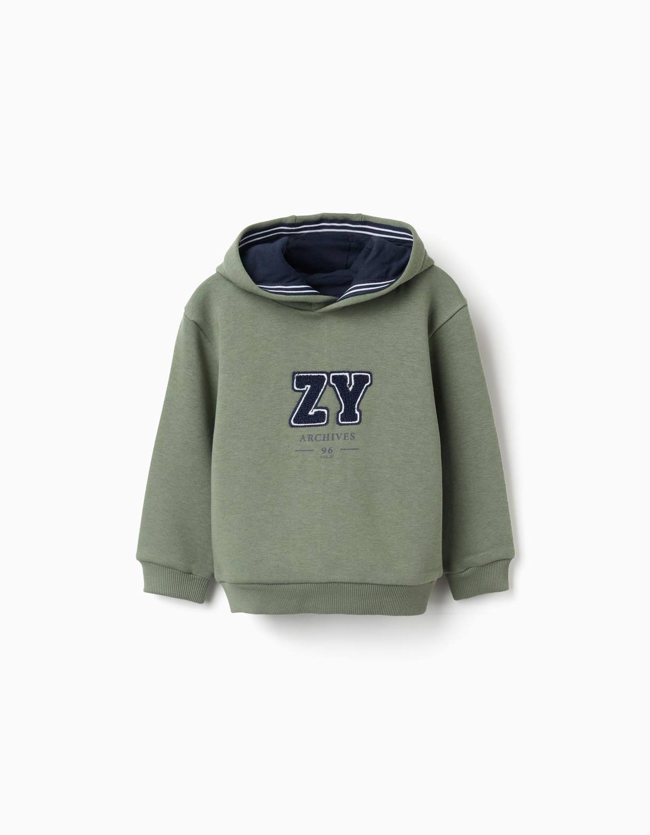 Sweat Peigné Avec Capuche Et Broderie Vert Foncé