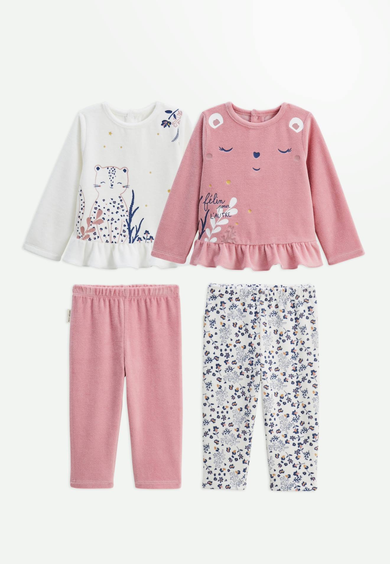 Lot De 2 Pyjamas Bébé 2 Pièces En Velours Céleste Rose