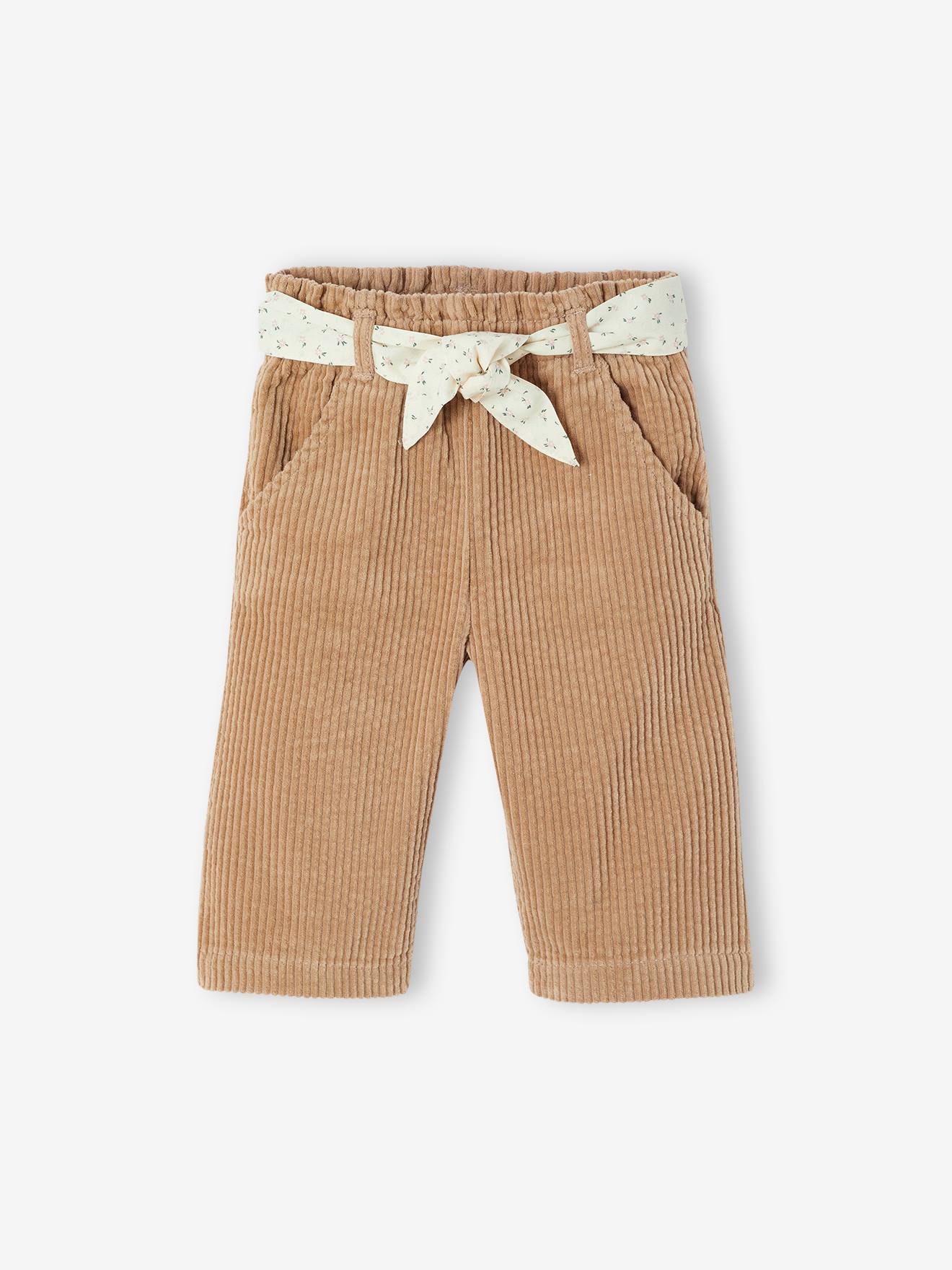 Pantalon large en velours ceinture à fleurs bébé beige