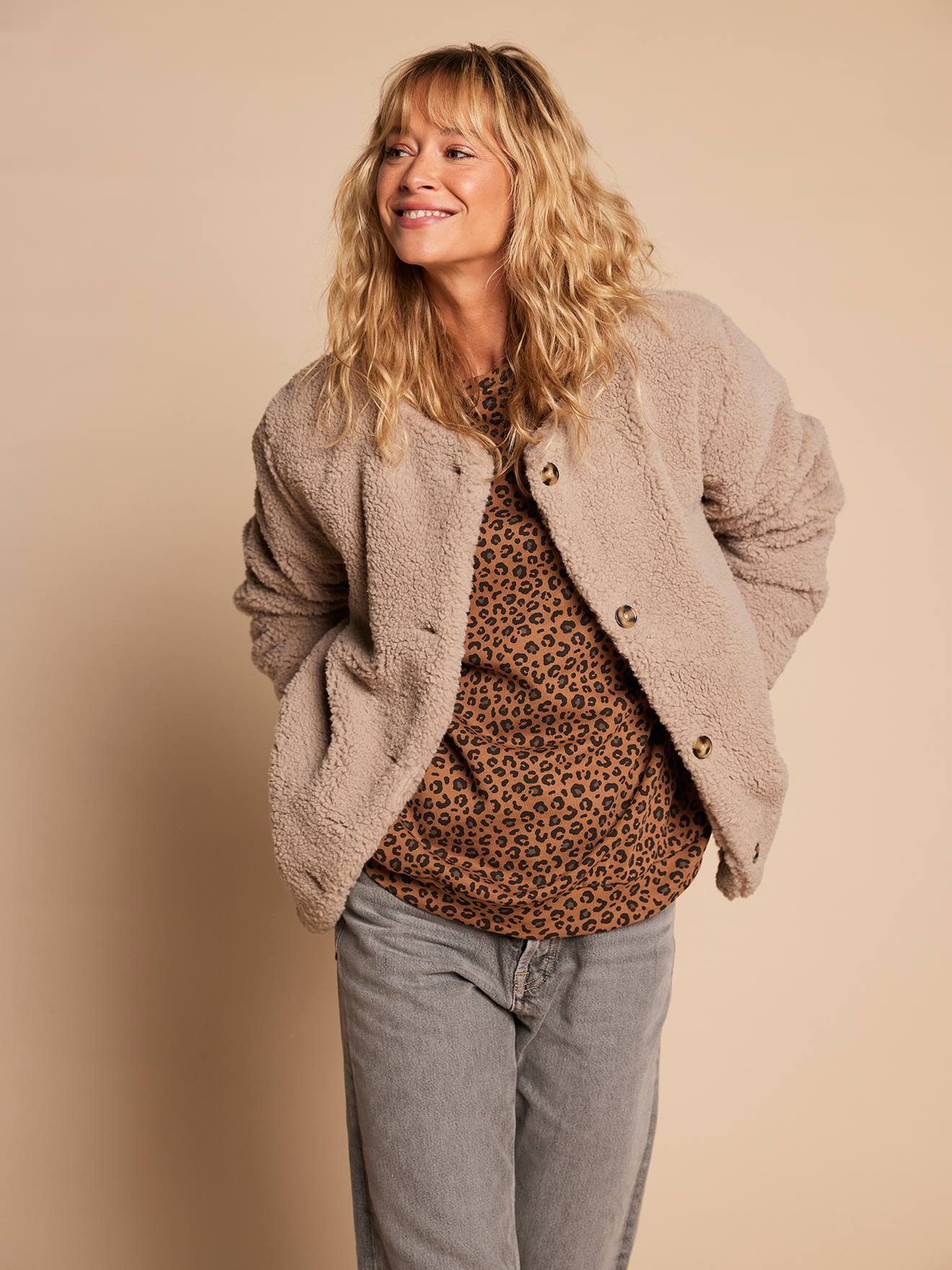 Veste femme sherpa doublée léopard collection capsule mère-fille taupe