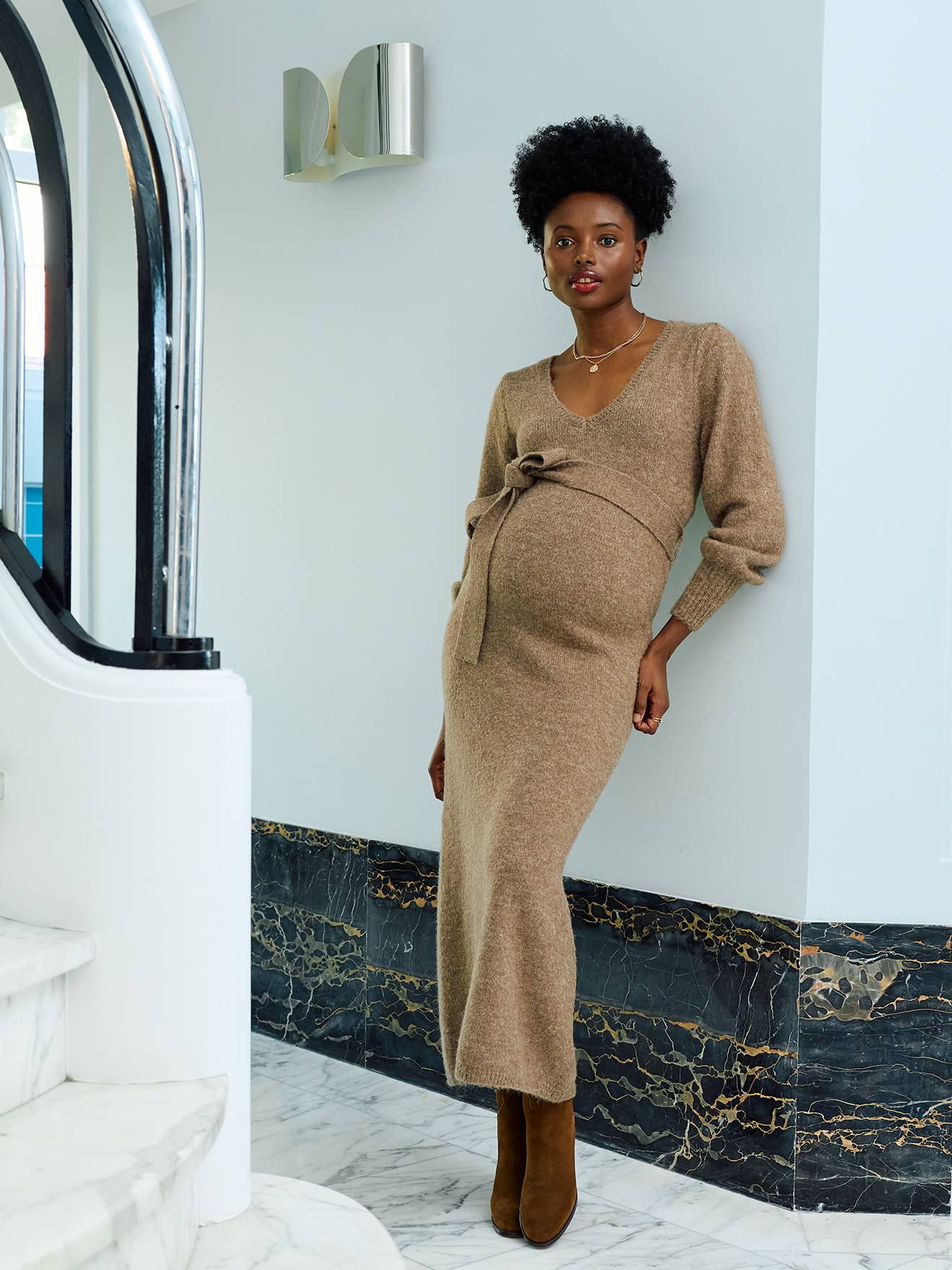 Robe longue de grossesse tricot chiné chocolat