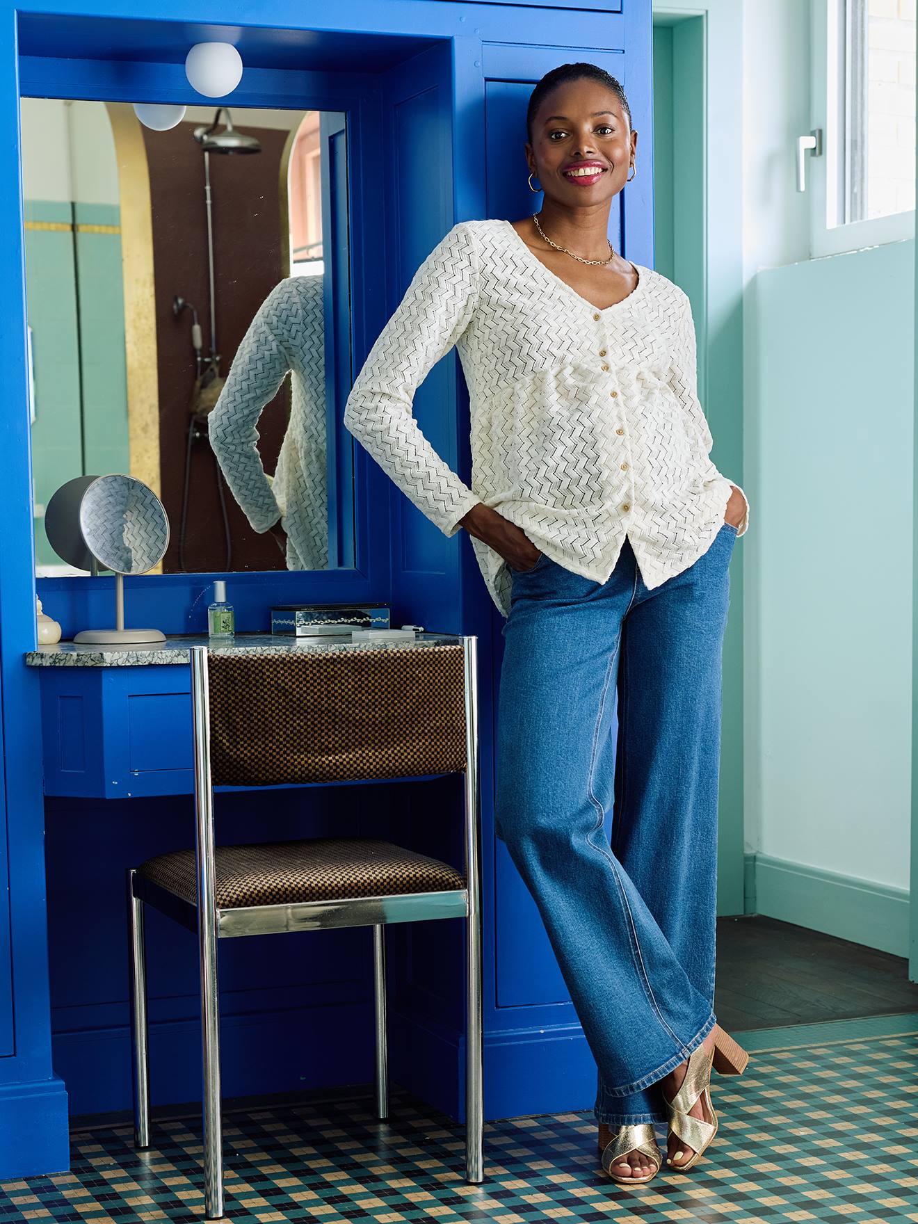 T-shirt blouse maille jacquard grossesse et allaitement écru