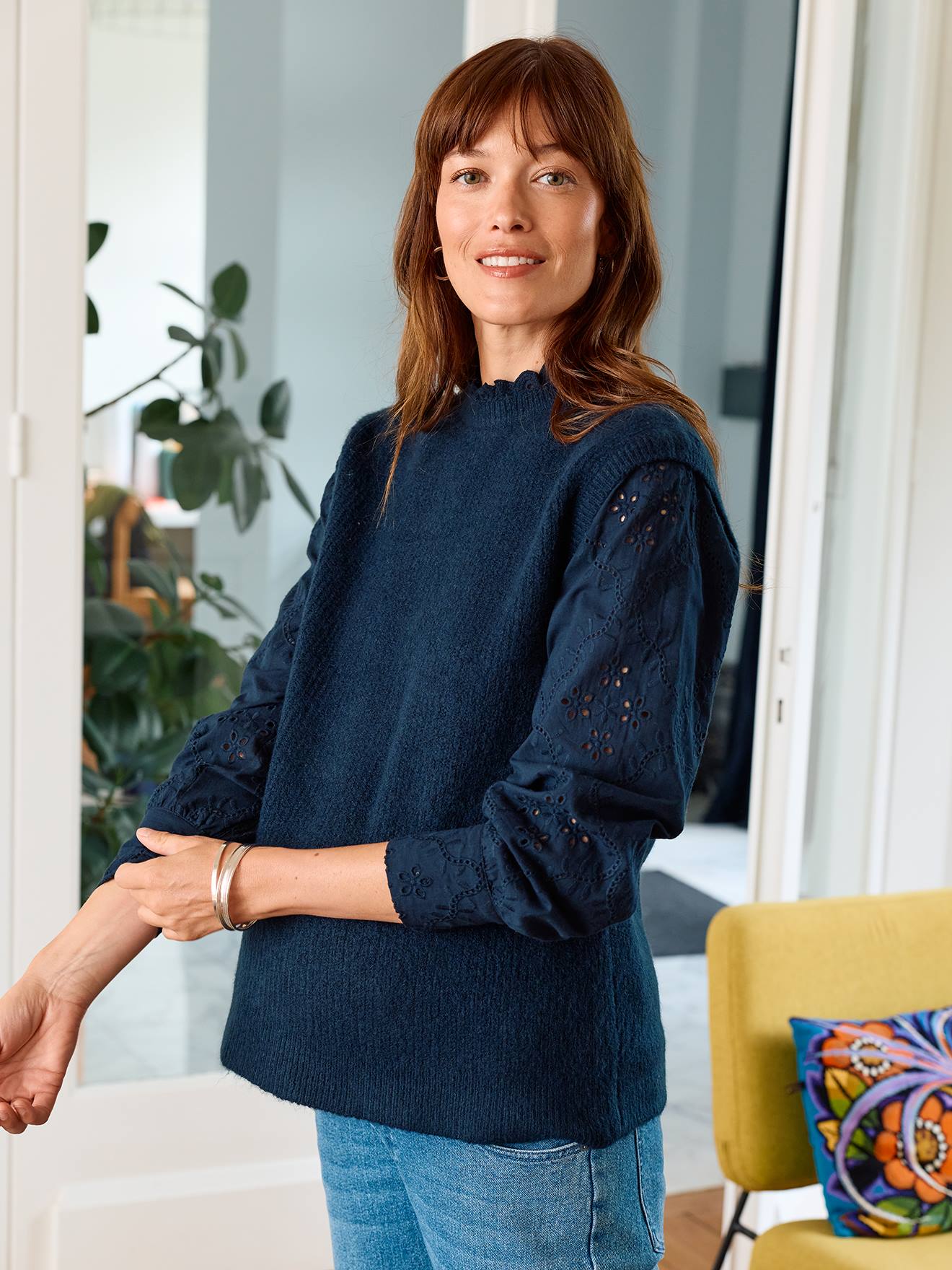 Pull de grossesse bi-matière marine