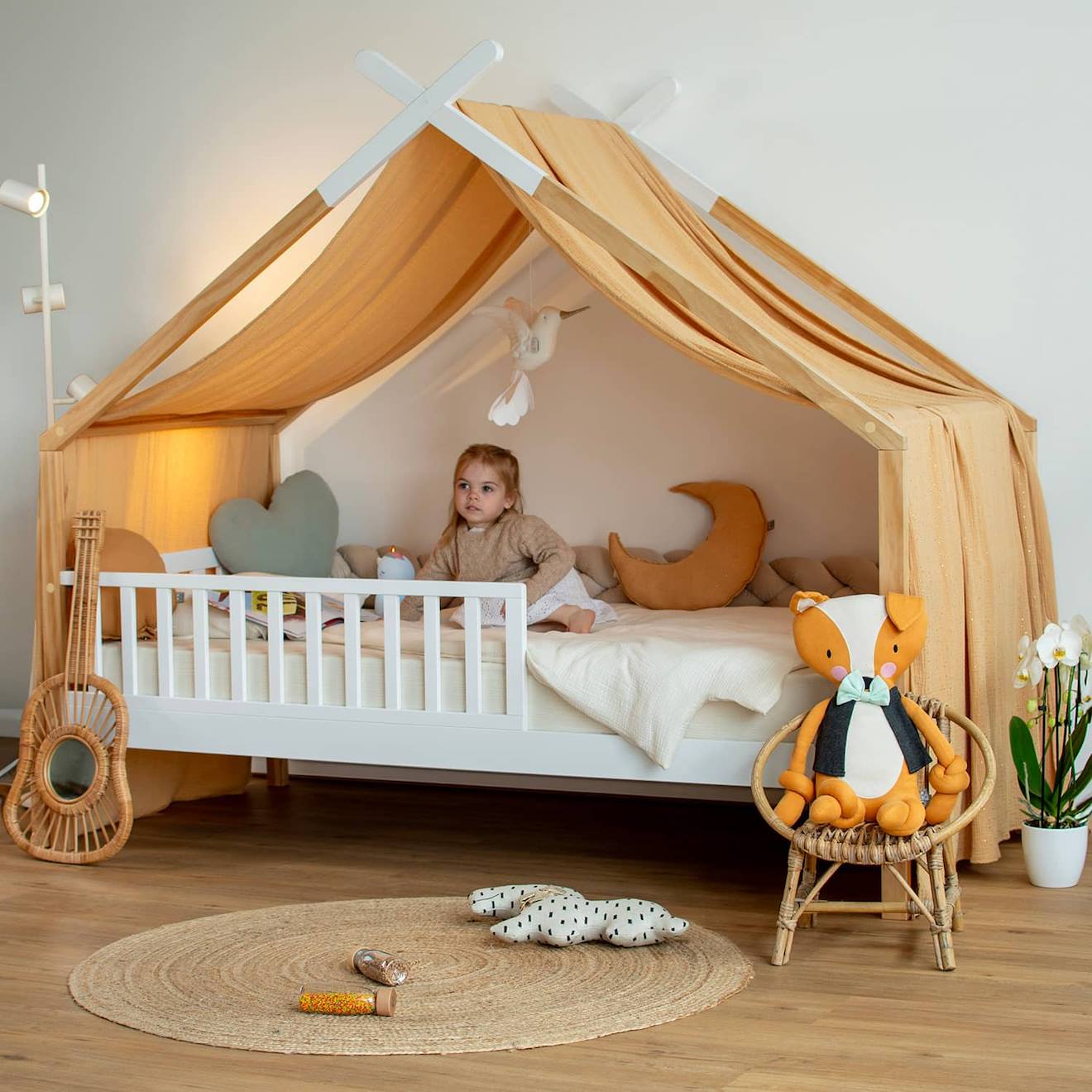Ciel De Lit Cabane Toile En Double Gaze Pois Dorés 420 X 130 Cm Camel À Pois Or