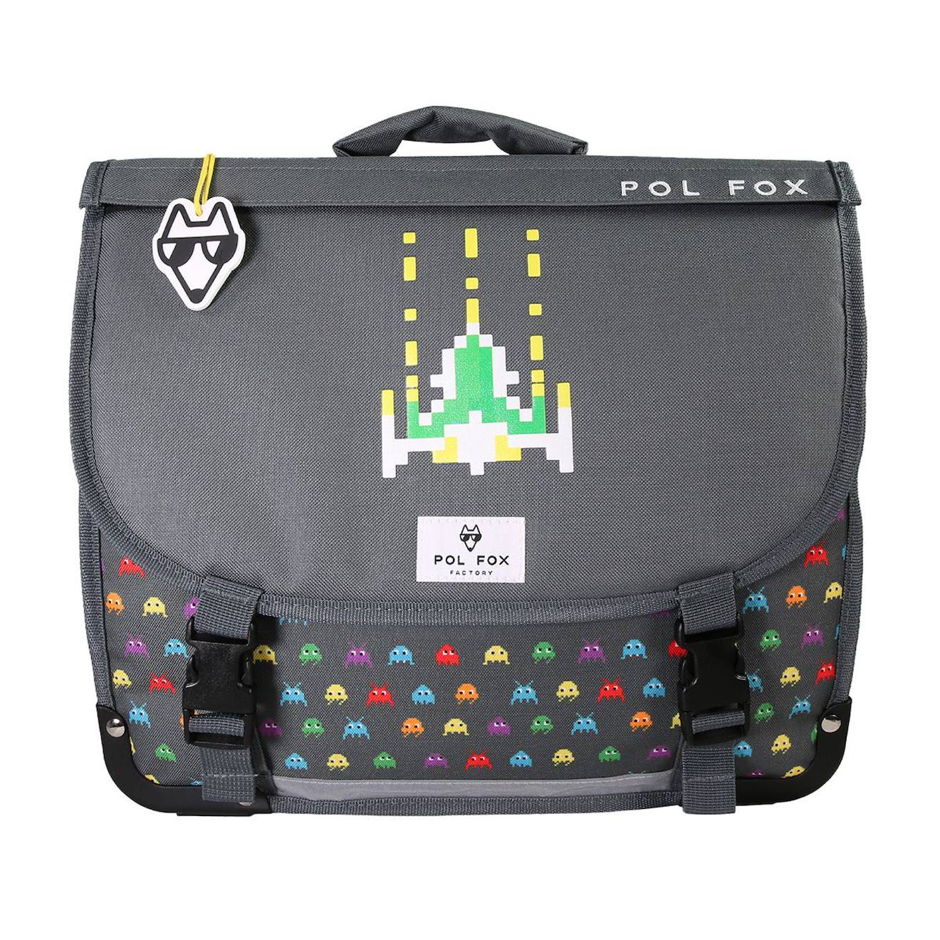 Cartable 38 Cm Garçon Pol Fox Space Invader Avec 2 Compartiments – Cp/ce1/ce2 – Gris À Motifs Rétro Gaming Multicolore