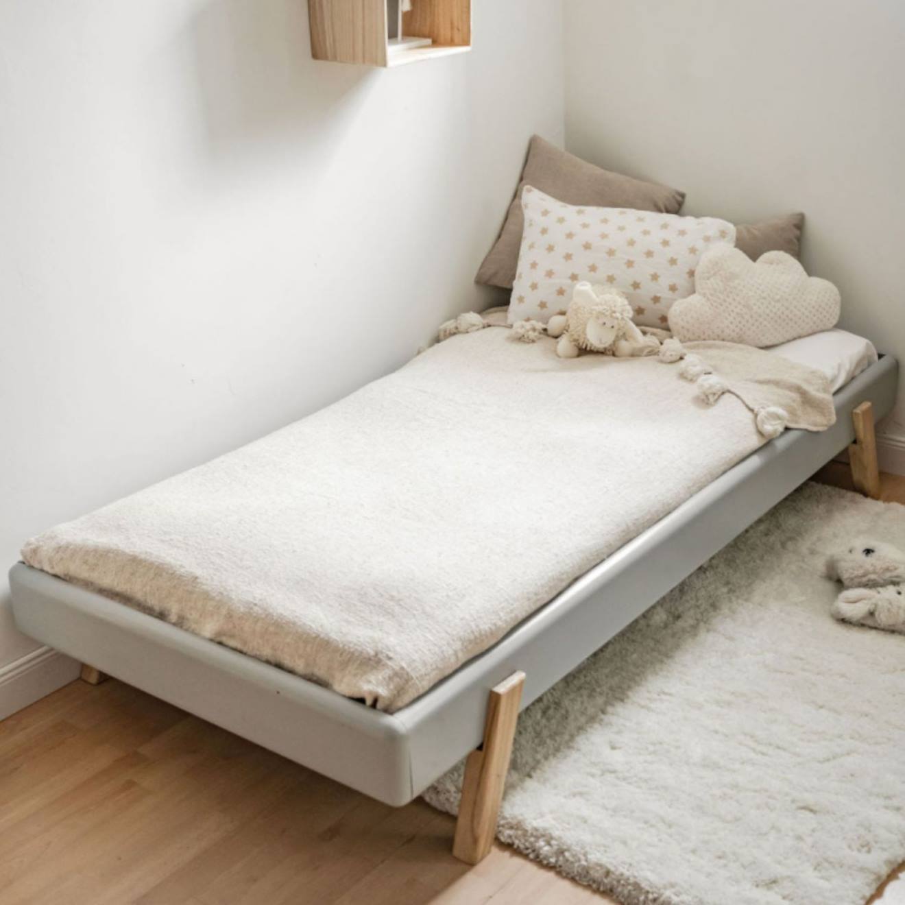 Lit 1 Place En Bois Massif Gris Et Bois 90cm - Rétro Naturel (Saudara) - Couverture