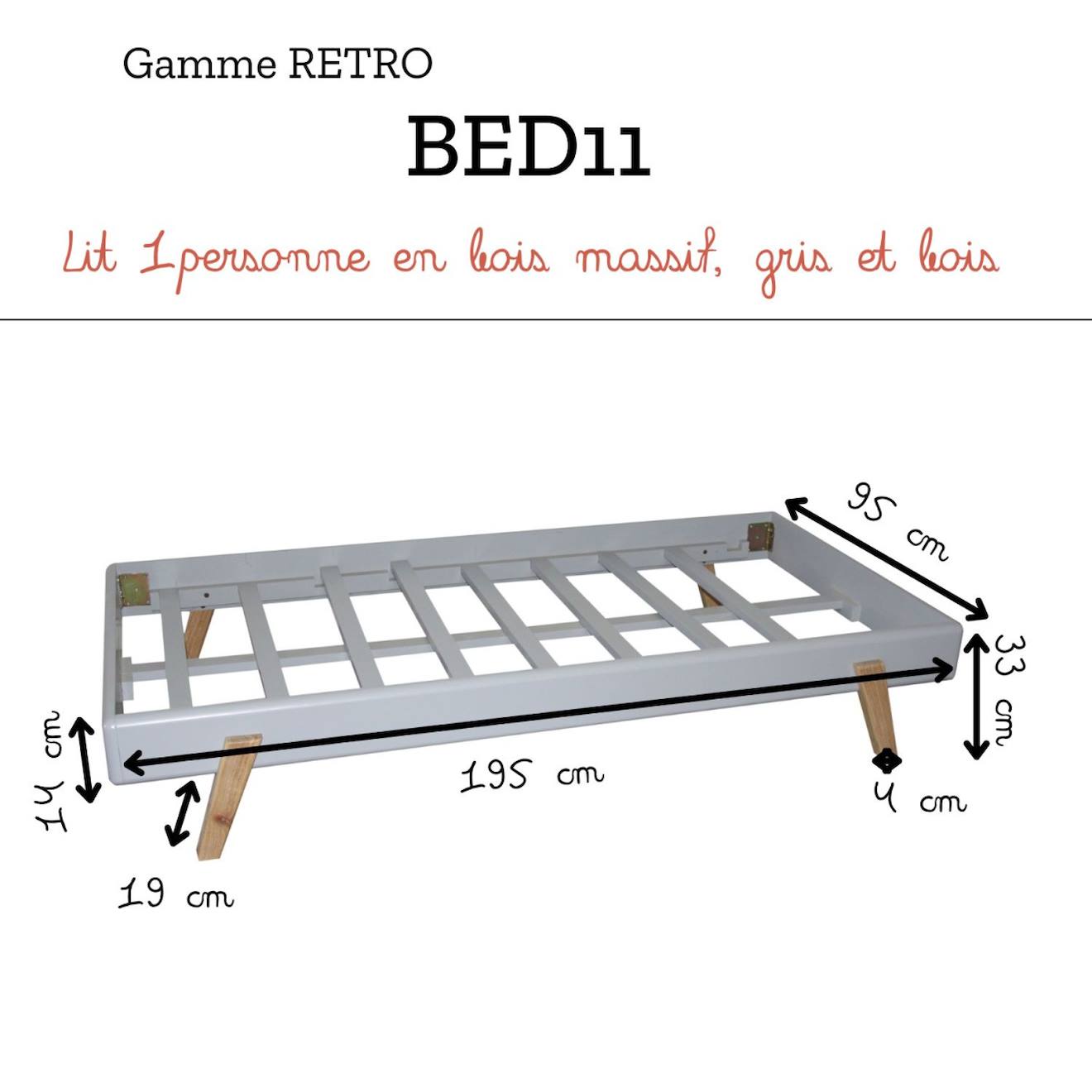 Lit 1 Place En Bois Massif Gris Et Bois 90cm - Rétro Naturel (Saudara) - Image 2