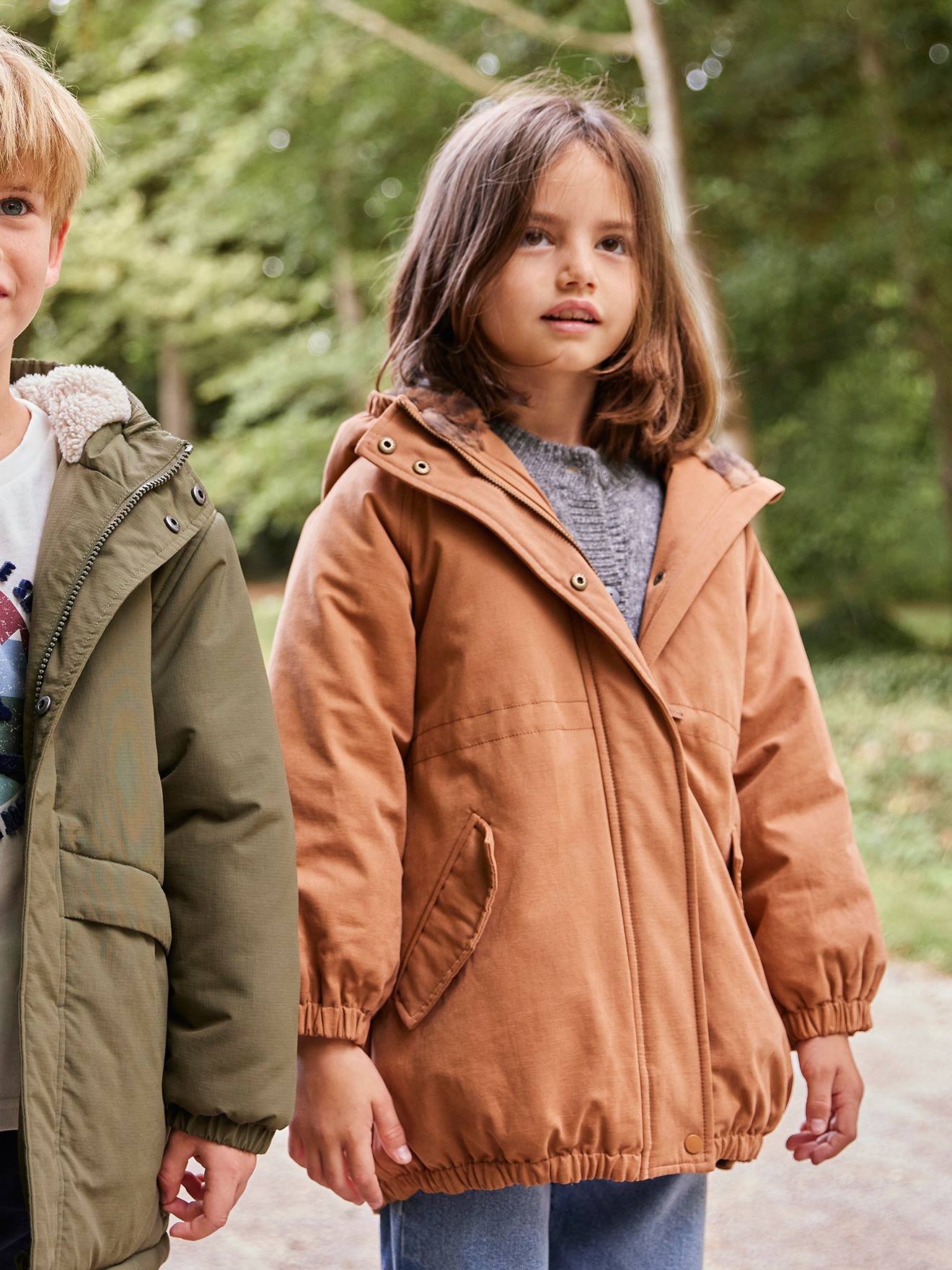 Parka fille à capuche doublée imitation fourrure camel