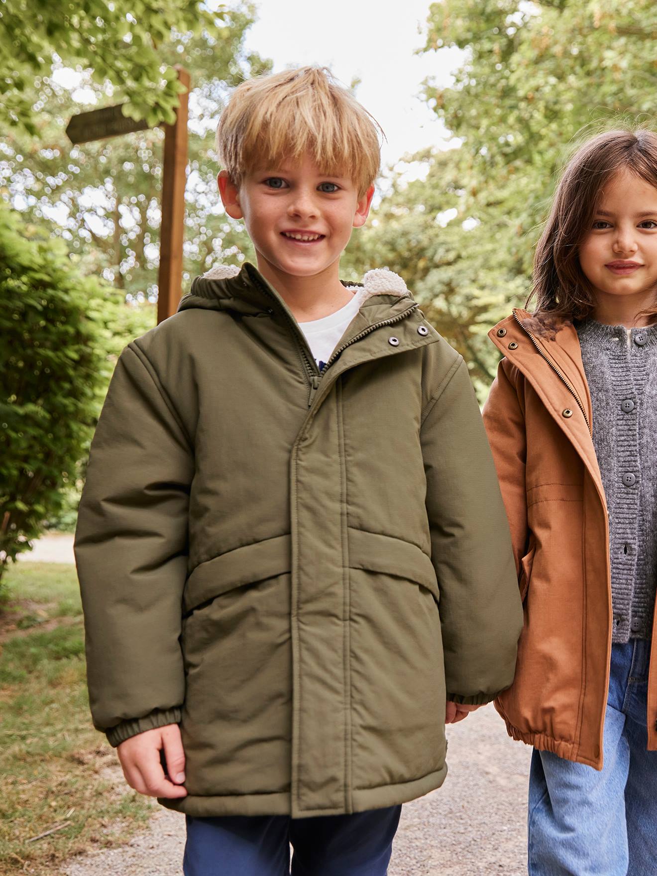 Parka garçon à capuche doublure sherpa kaki